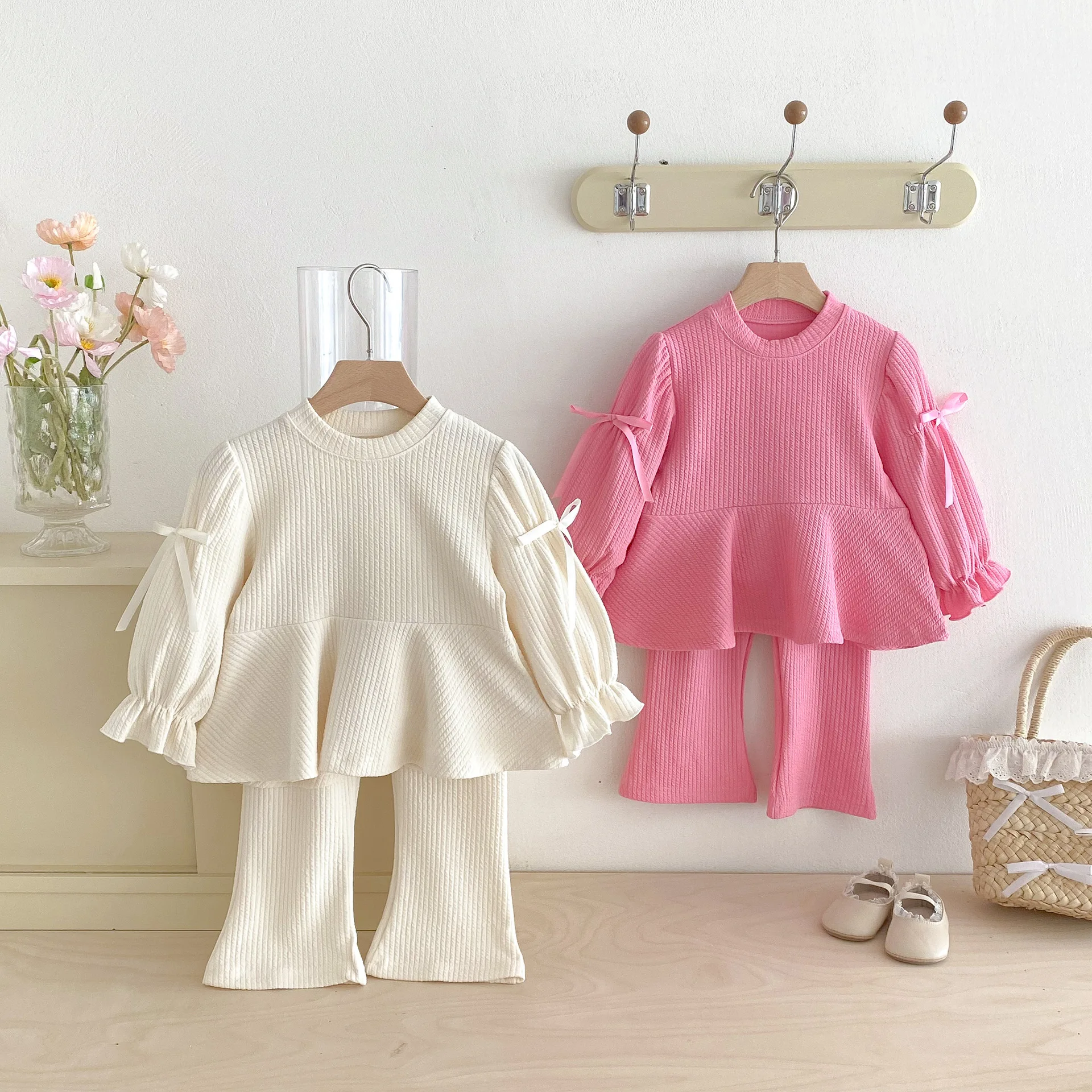 Children Bow Shirts + Flared Trousers 2pcs Suit Cotton Toddler Girl Outfits Autumn Korean Girls' Set Sweet and Cute Girls Set