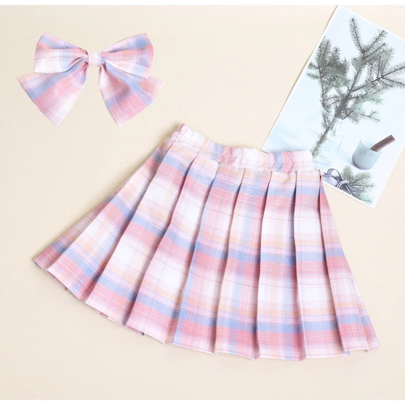 3-12Years Girls Checkered Skirt College Style Clothing 2026 Spring Summer Teen Kid Fashion JK Striped Pleated Skirt with Bow Tie