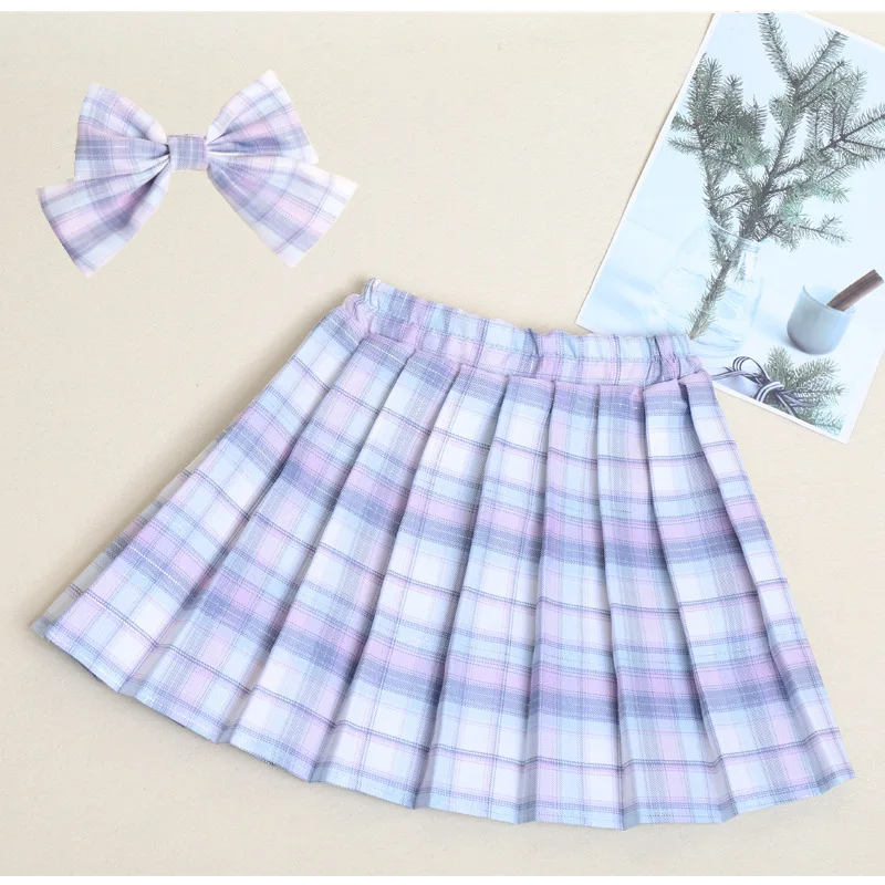 3-12Years Girls Checkered Skirt College Style Clothing 2026 Spring Summer Teen Kid Fashion JK Striped Pleated Skirt with Bow Tie