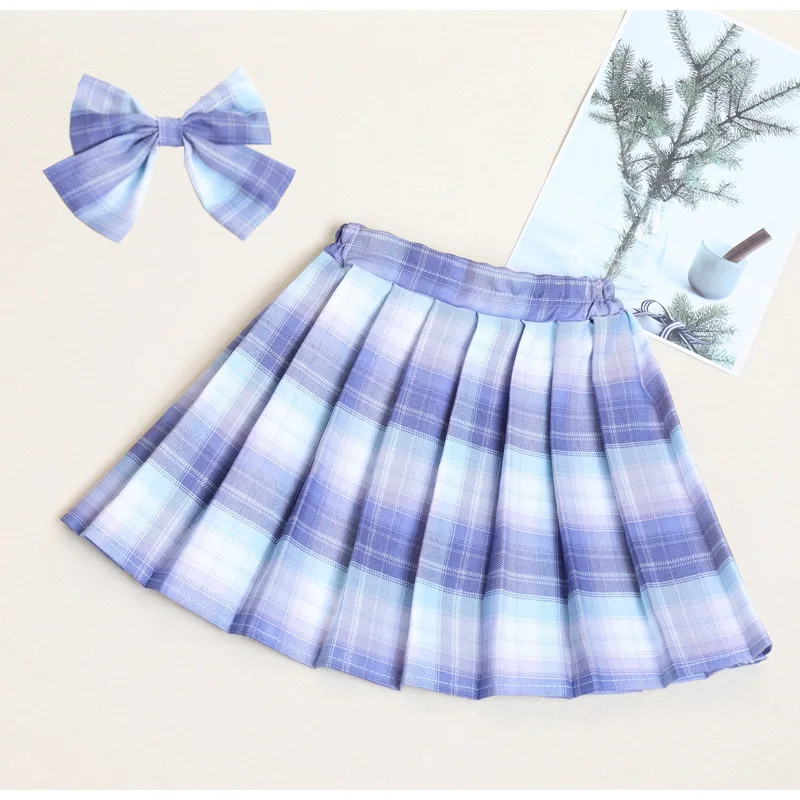 3-12Years Girls Checkered Skirt College Style Clothing 2026 Spring Summer Teen Kid Fashion JK Striped Pleated Skirt with Bow Tie