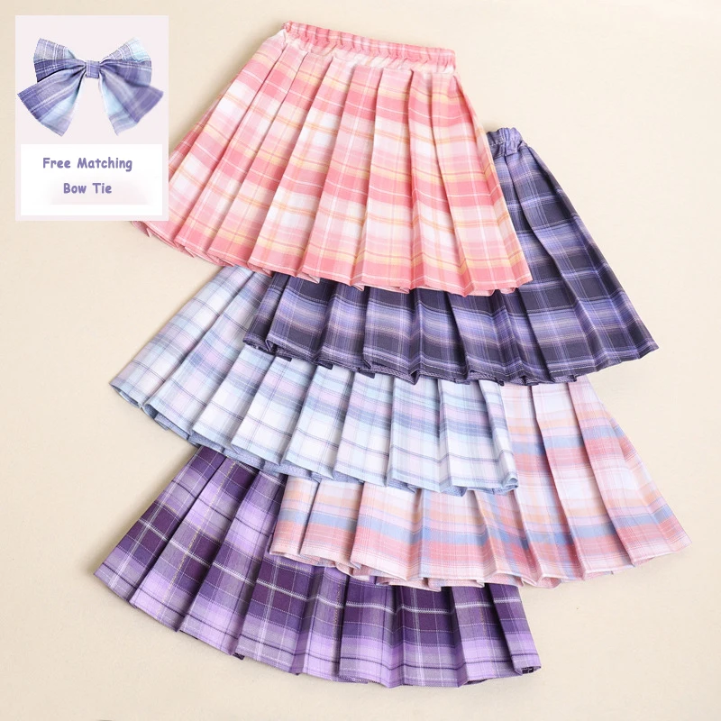 3-12Years Girls Checkered Skirt College Style Clothing 2026 Spring Summer Teen Kid Fashion JK Striped Pleated Skirt with Bow Tie