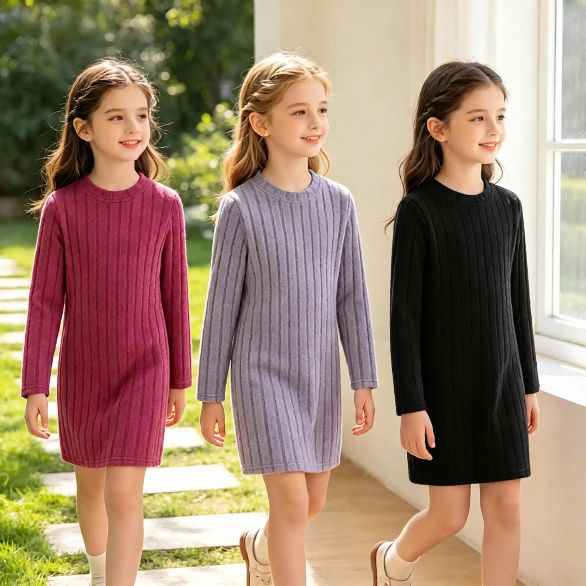 Girls' Three-Piece Set Fashionable Casual Solid Color Vertical Stripe Knitted Round Neck Long Sleeve Slim Fit Dress