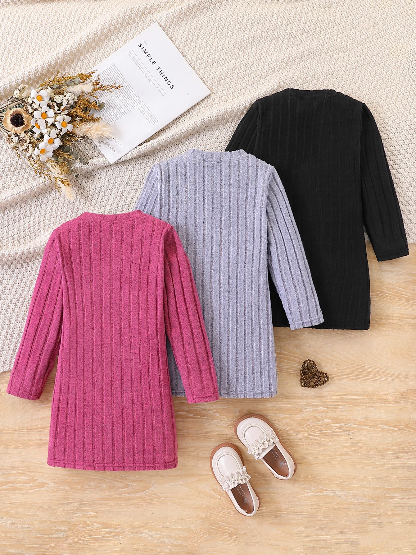 Girls' Three-Piece Set Fashionable Casual Solid Color Vertical Stripe Knitted Round Neck Long Sleeve Slim Fit Dress