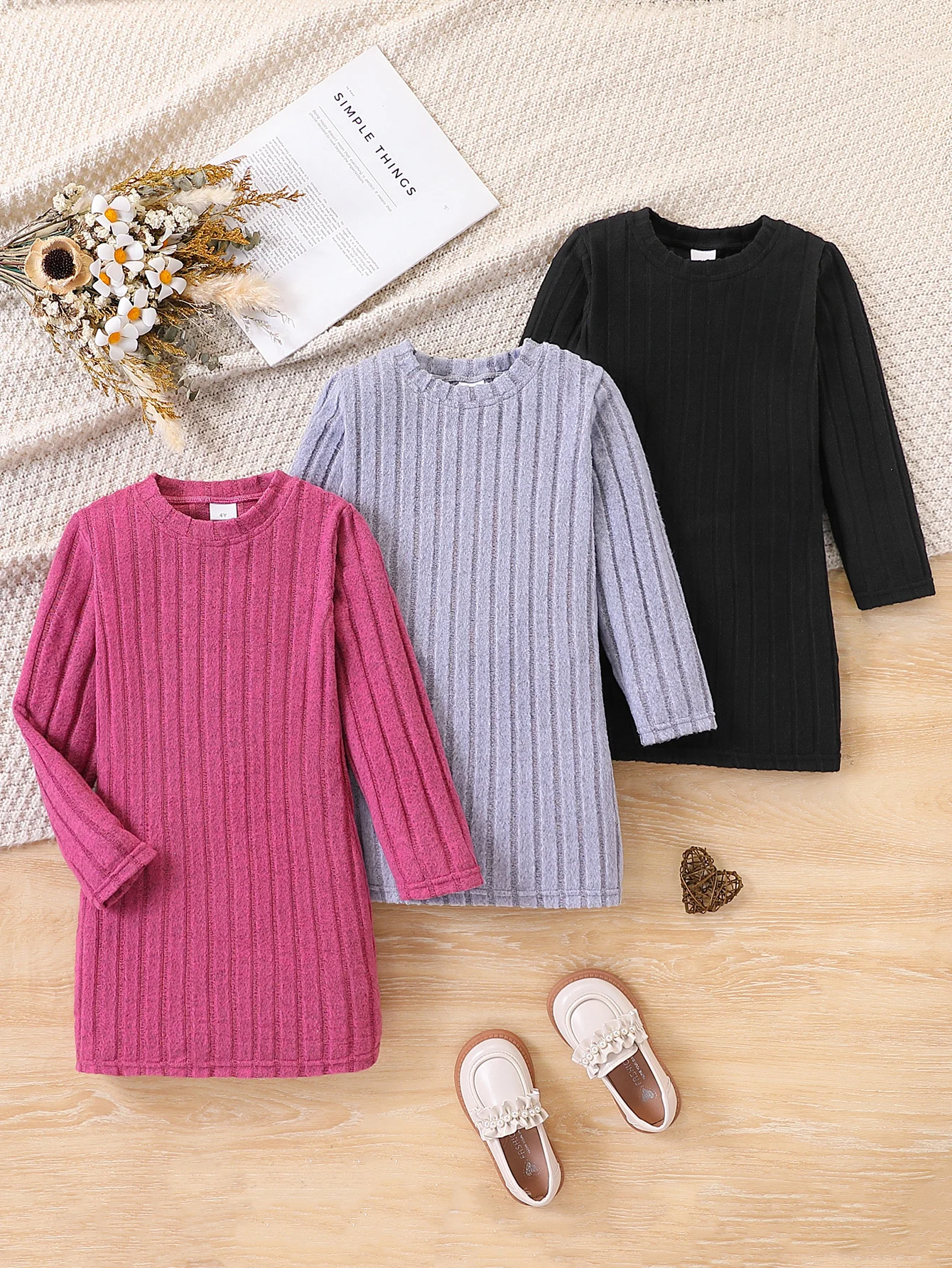 Girls' Three-Piece Set Fashionable Casual Solid Color Vertical Stripe Knitted Round Neck Long Sleeve Slim Fit Dress