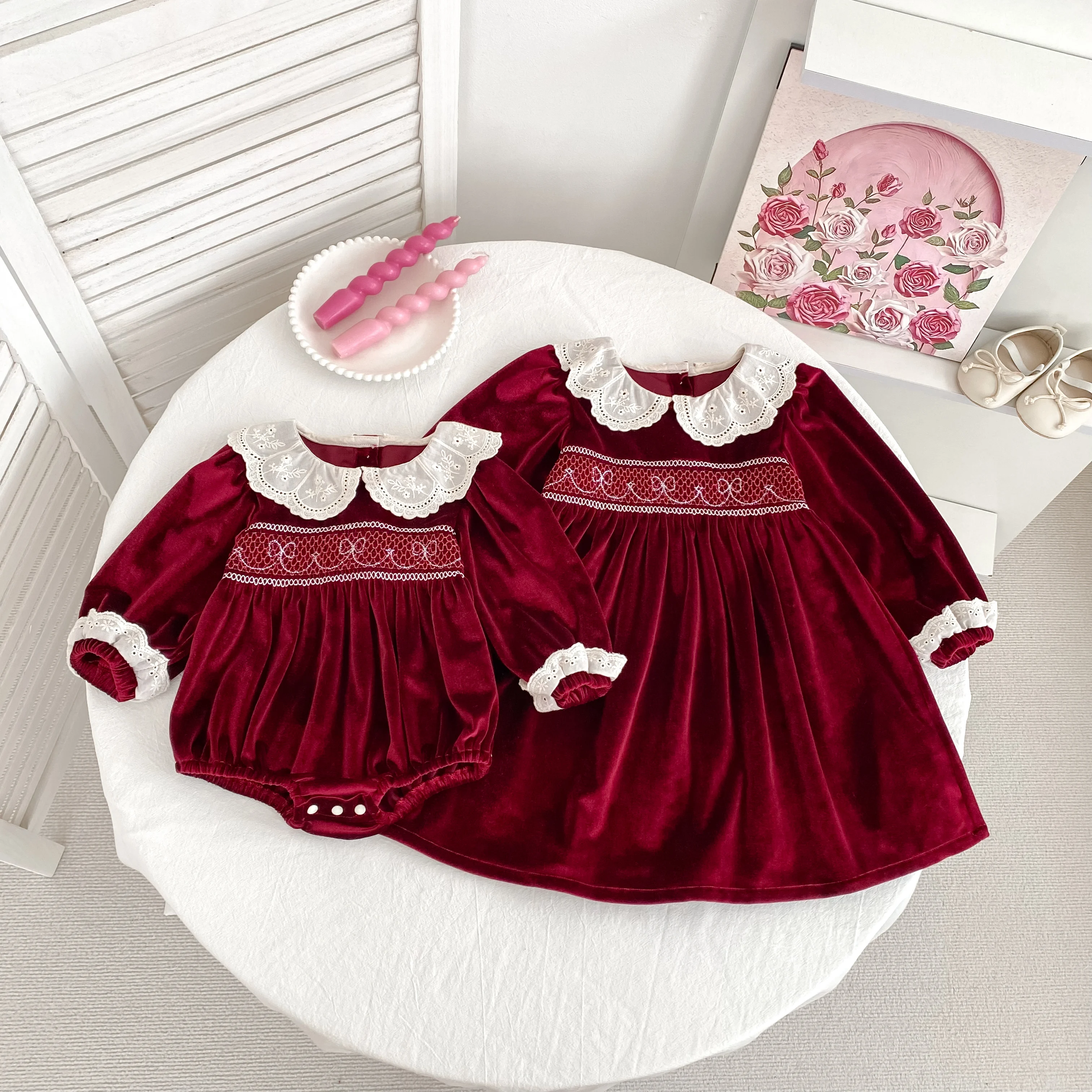 New Christmas Kids Party Dress Baby Bodysuits Sisters Clothes Autumn Sisters Girls Princess Dress Lace Red New Year Kids Clothes