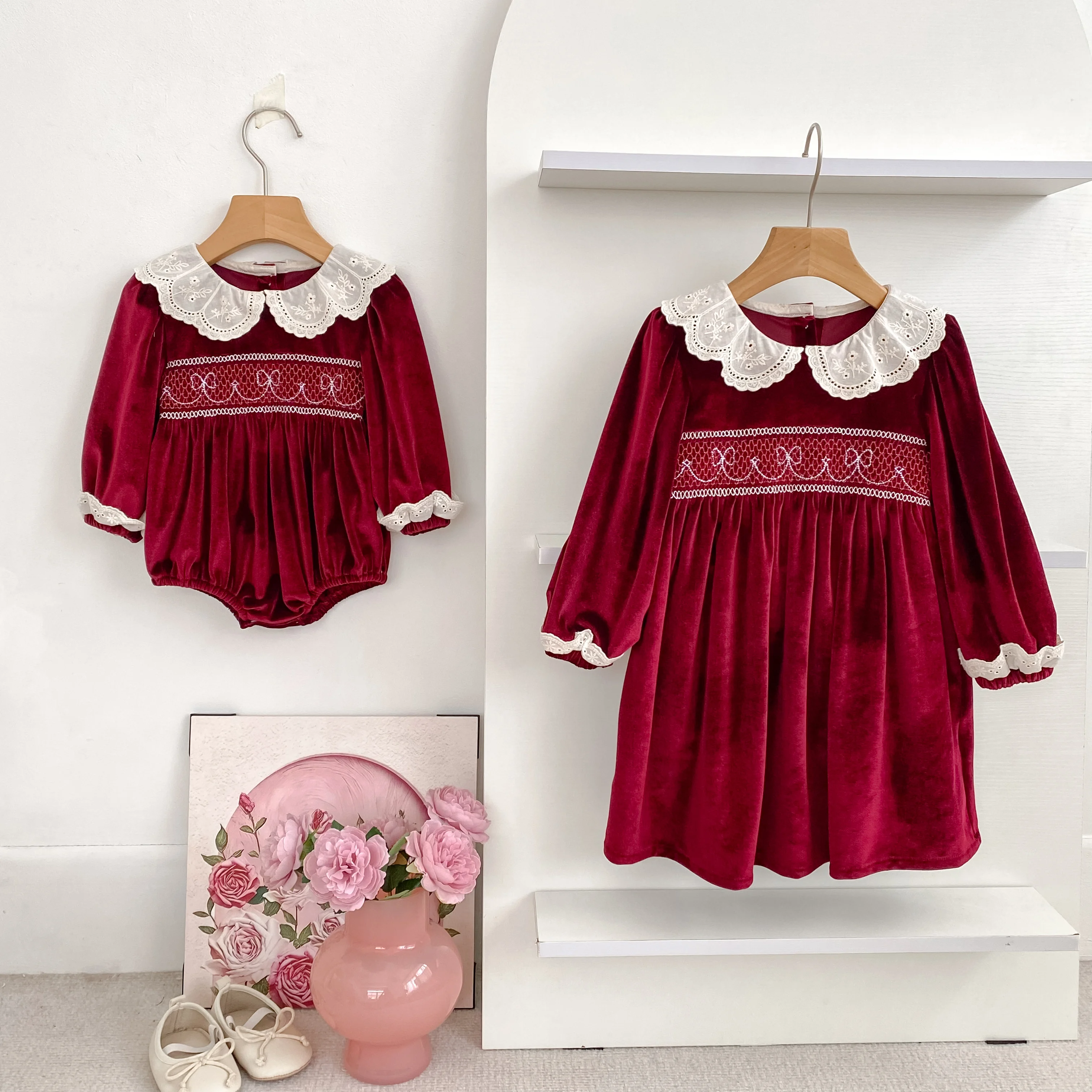 New Christmas Kids Party Dress Baby Bodysuits Sisters Clothes Autumn Sisters Girls Princess Dress Lace Red New Year Kids Clothes