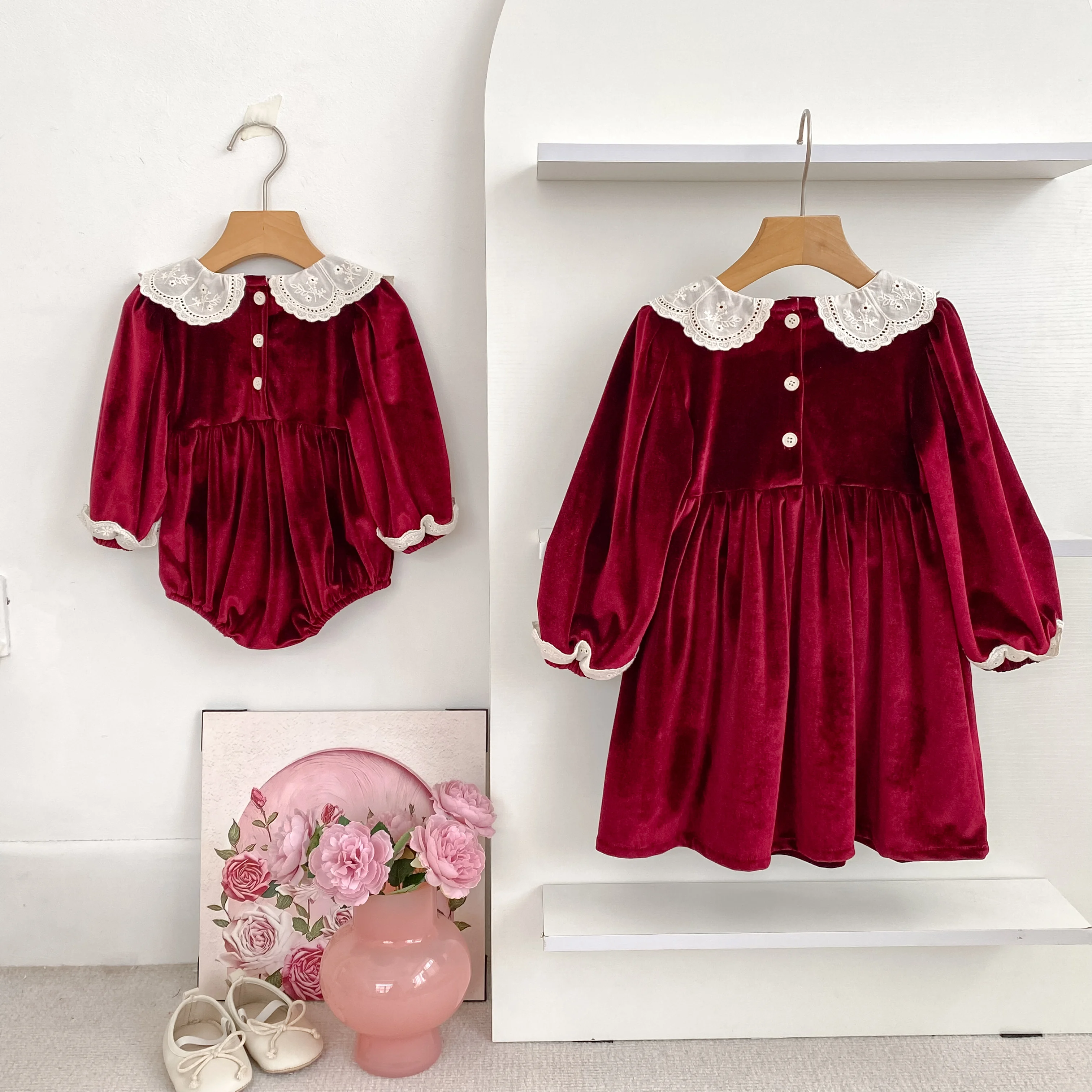 New Christmas Kids Party Dress Baby Bodysuits Sisters Clothes Autumn Sisters Girls Princess Dress Lace Red New Year Kids Clothes
