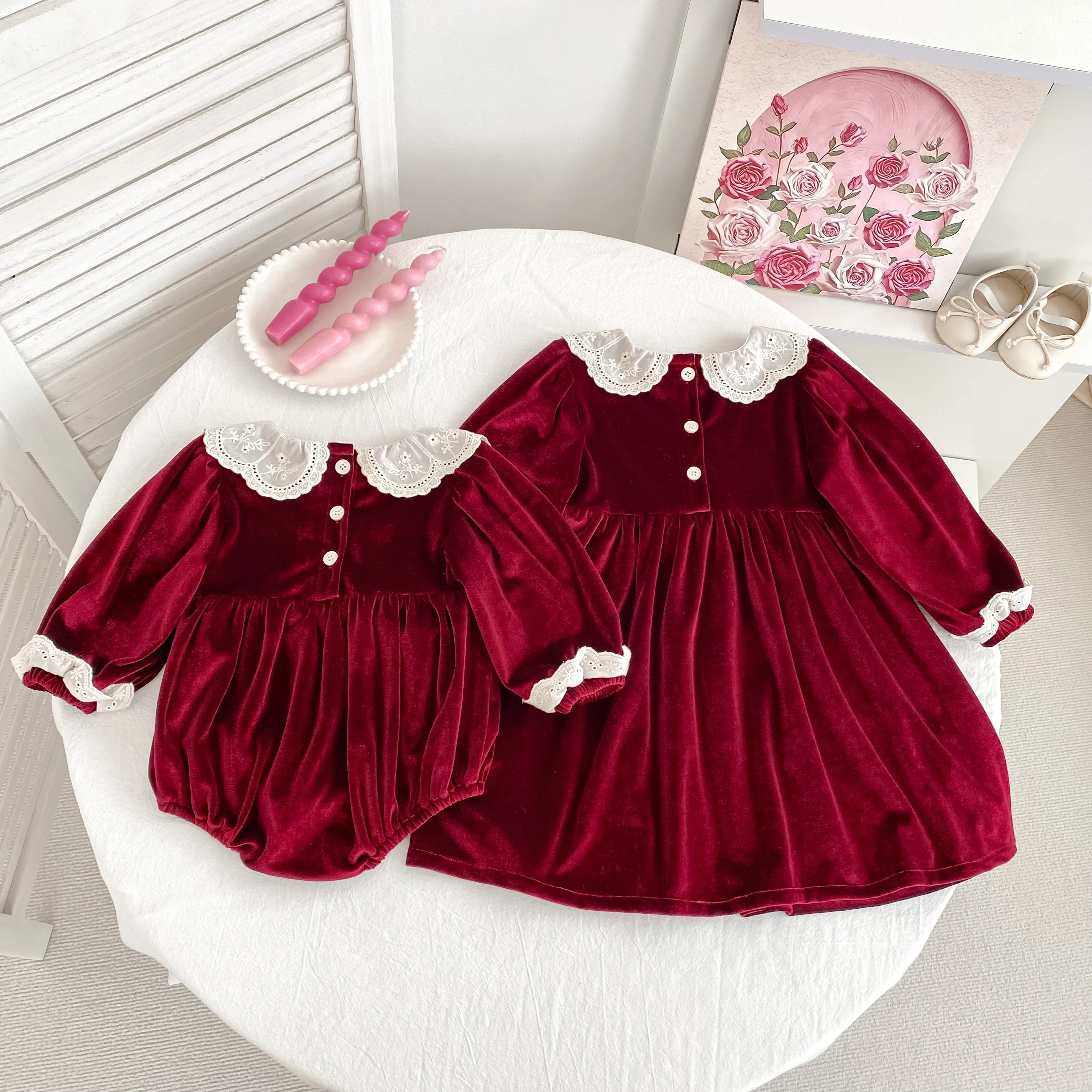New Christmas Kids Party Dress Baby Bodysuits Sisters Clothes Autumn Sisters Girls Princess Dress Lace Red New Year Kids Clothes