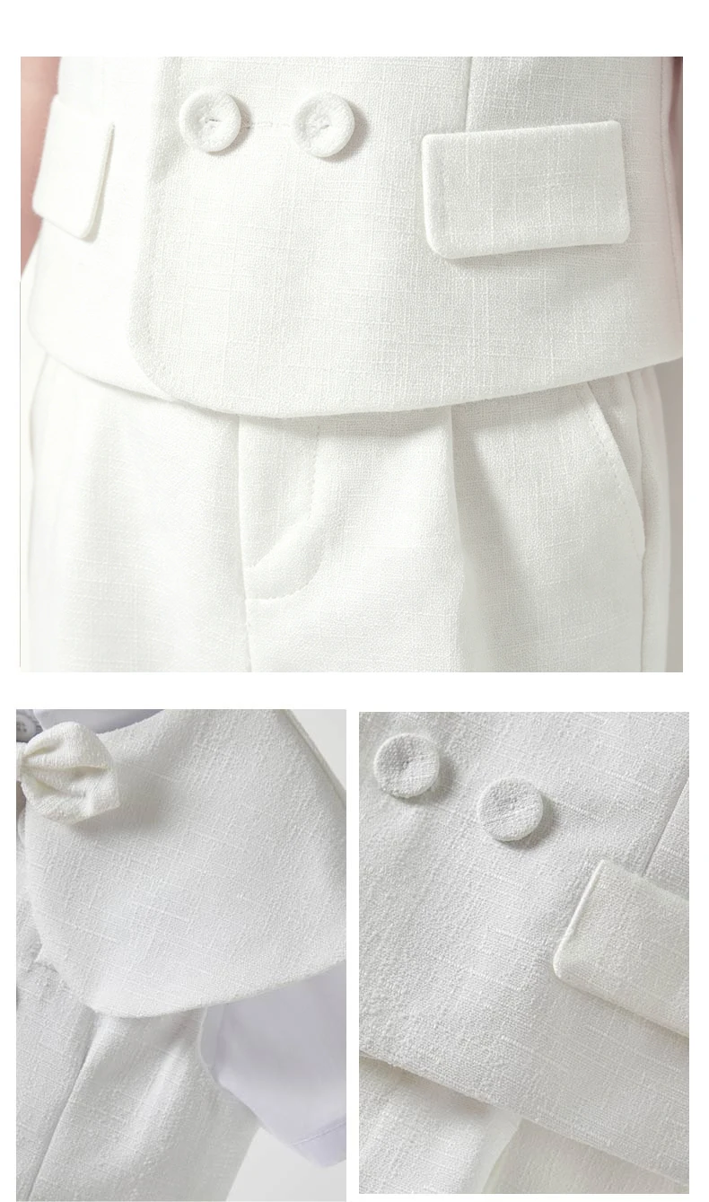 Toddler Boy White Gentleman 4PCS Suit Waistcoat Short Sleeve Shirt Suspender Shorts Bow Shawl Wedding Baptism Formal Party Outfi
