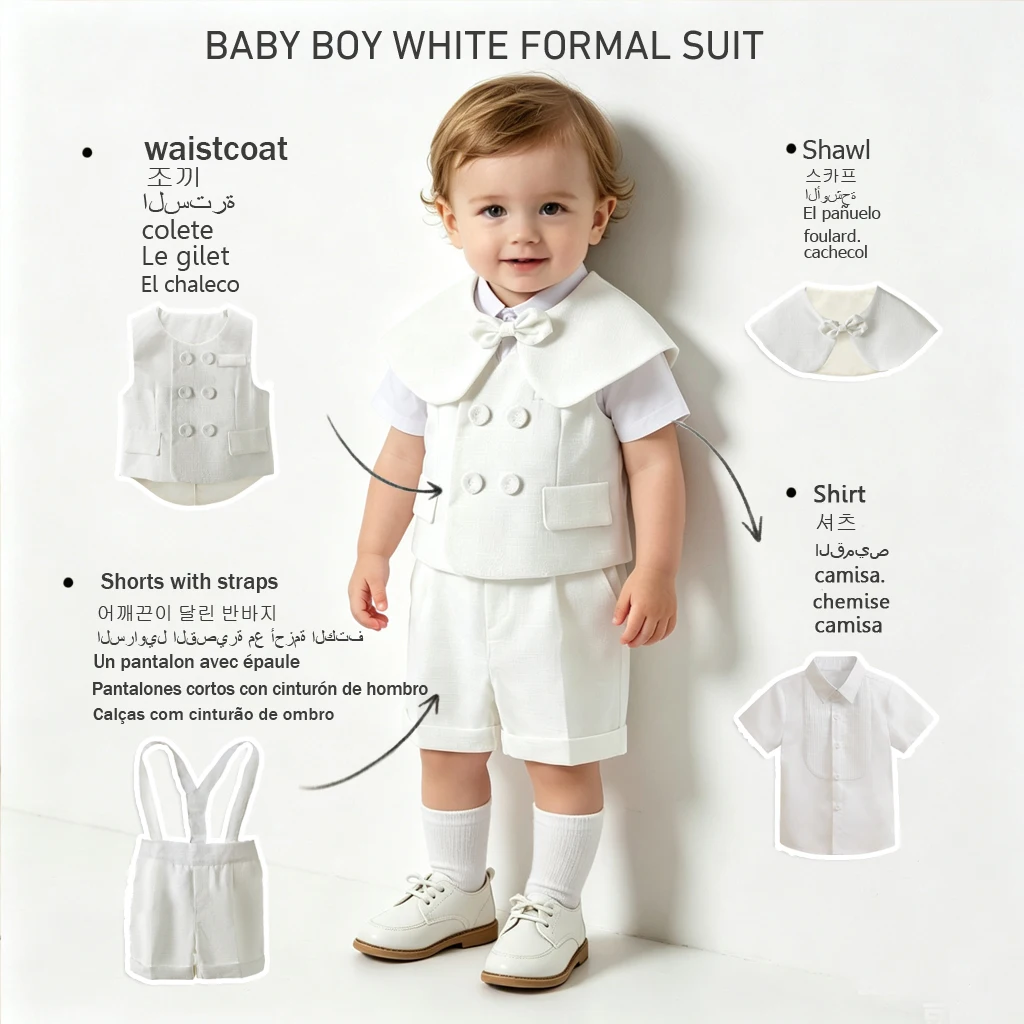 Toddler Boy White Gentleman 4PCS Suit Waistcoat Short Sleeve Shirt Suspender Shorts Bow Shawl Wedding Baptism Formal Party Outfi