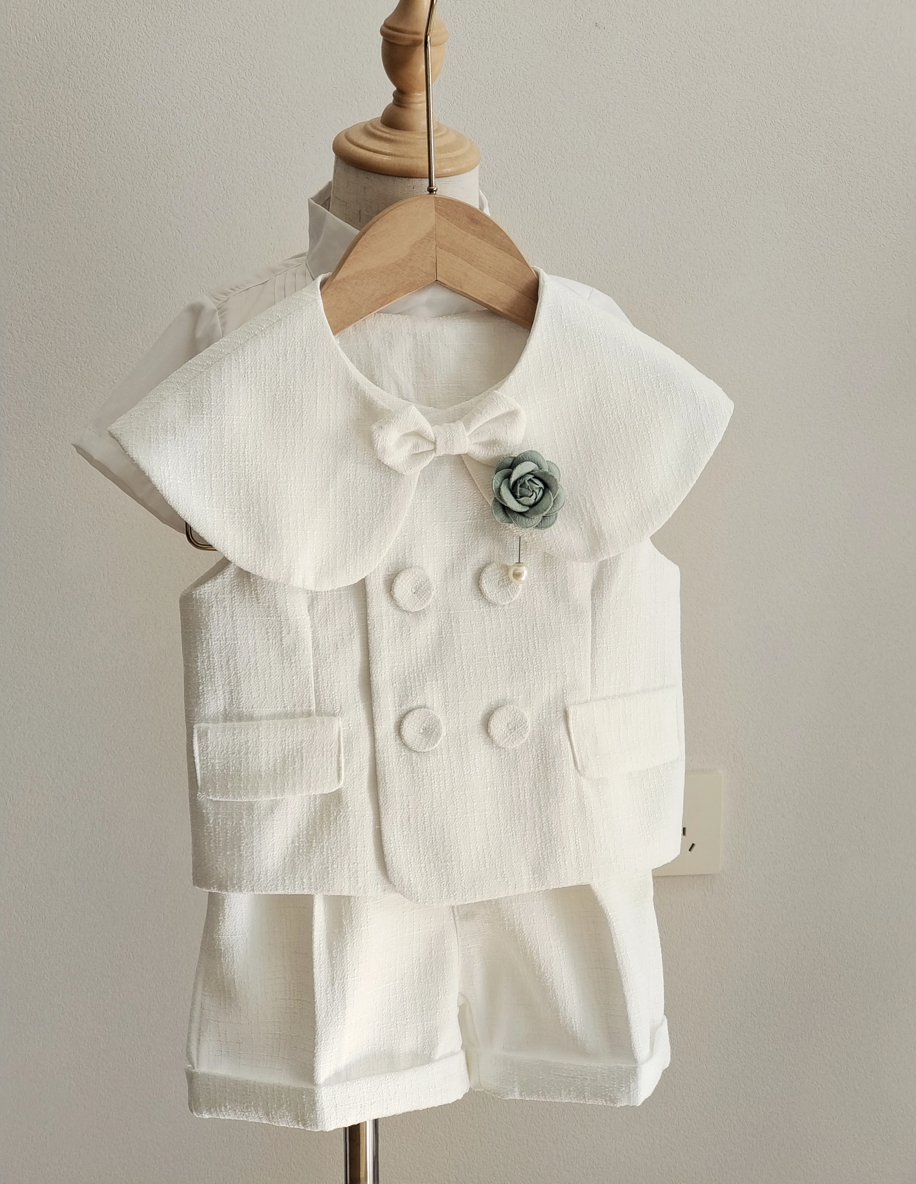 Toddler Boy White Gentleman 4PCS Suit Waistcoat Short Sleeve Shirt Suspender Shorts Bow Shawl Wedding Baptism Formal Party Outfi