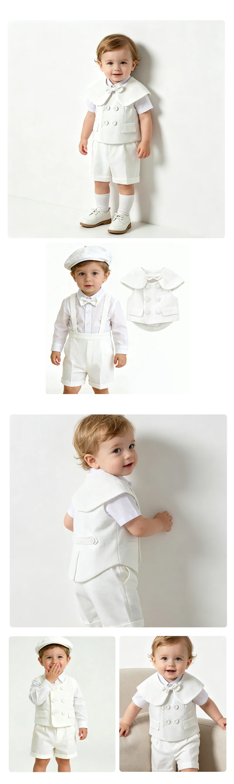 Toddler Boy White Gentleman 4PCS Suit Waistcoat Short Sleeve Shirt Suspender Shorts Bow Shawl Wedding Baptism Formal Party Outfi