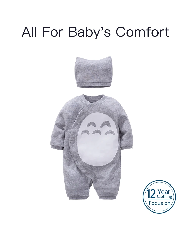 Newborn Baby Totoro Romper with Hat Set Cute Cartoon Infant Jumpsuit Cotton Long Sleeve Baby Boys Girls One-Piece Outfit