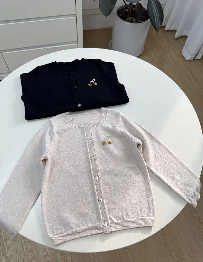 Children's Knitted Sweater 26BP Cardigan with Cherry Embroidery Wool Blend for Warmth Girls' Knitted Sweater