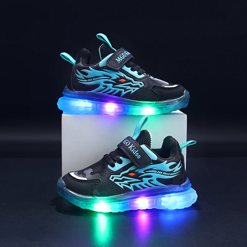 Mgo Kidss Teen Led Cartoon Dragon Sneakers - Boys' Sneakers with Flashing Lights, Camouflage and Solid Patterns, Velcro Closure, Ages 1-9, Perfect for Casual Play, Seasonal Youth Footwear | Dragon-Themed Shoes | Durabl