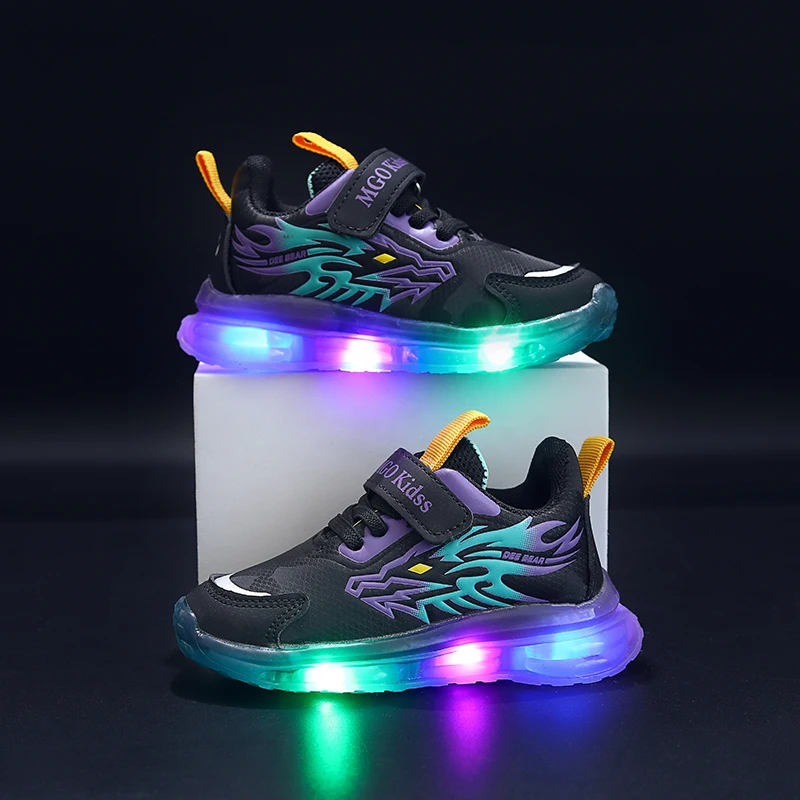 Mgo Kidss Teen Led Cartoon Dragon Sneakers - Boys' Sneakers with Flashing Lights, Camouflage and Solid Patterns, Velcro Closure, Ages 1-9, Perfect for Casual Play, Seasonal Youth Footwear | Dragon-Themed Shoes | Durabl