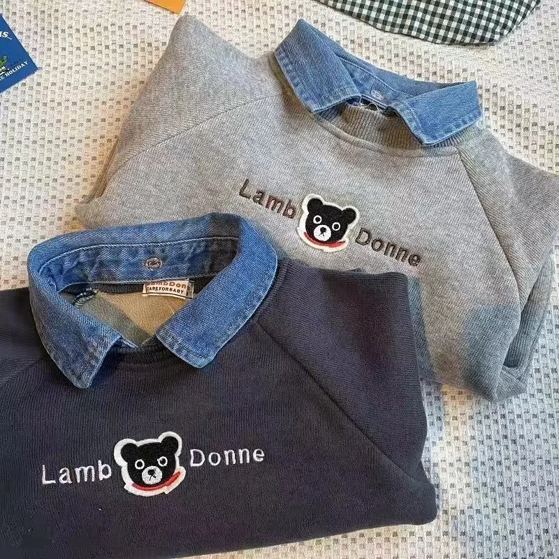 Baby Boys Girls Long Sleeve Sweatshirt 2026 Autumn Winter Children Cartoon Bear Plush Thick Denim Lapel Pullover Base Shirt Tops