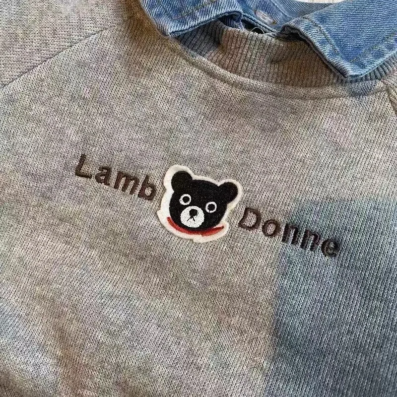 Baby Boys Girls Long Sleeve Sweatshirt 2026 Autumn Winter Children Cartoon Bear Plush Thick Denim Lapel Pullover Base Shirt Tops