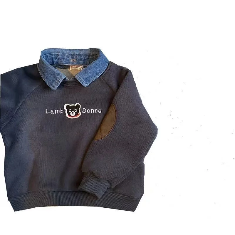 Baby Boys Girls Long Sleeve Sweatshirt 2026 Autumn Winter Children Cartoon Bear Plush Thick Denim Lapel Pullover Base Shirt Tops