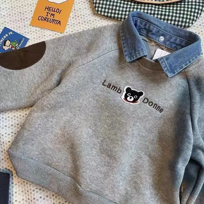 Baby Boys Girls Long Sleeve Sweatshirt 2026 Autumn Winter Children Cartoon Bear Plush Thick Denim Lapel Pullover Base Shirt Tops