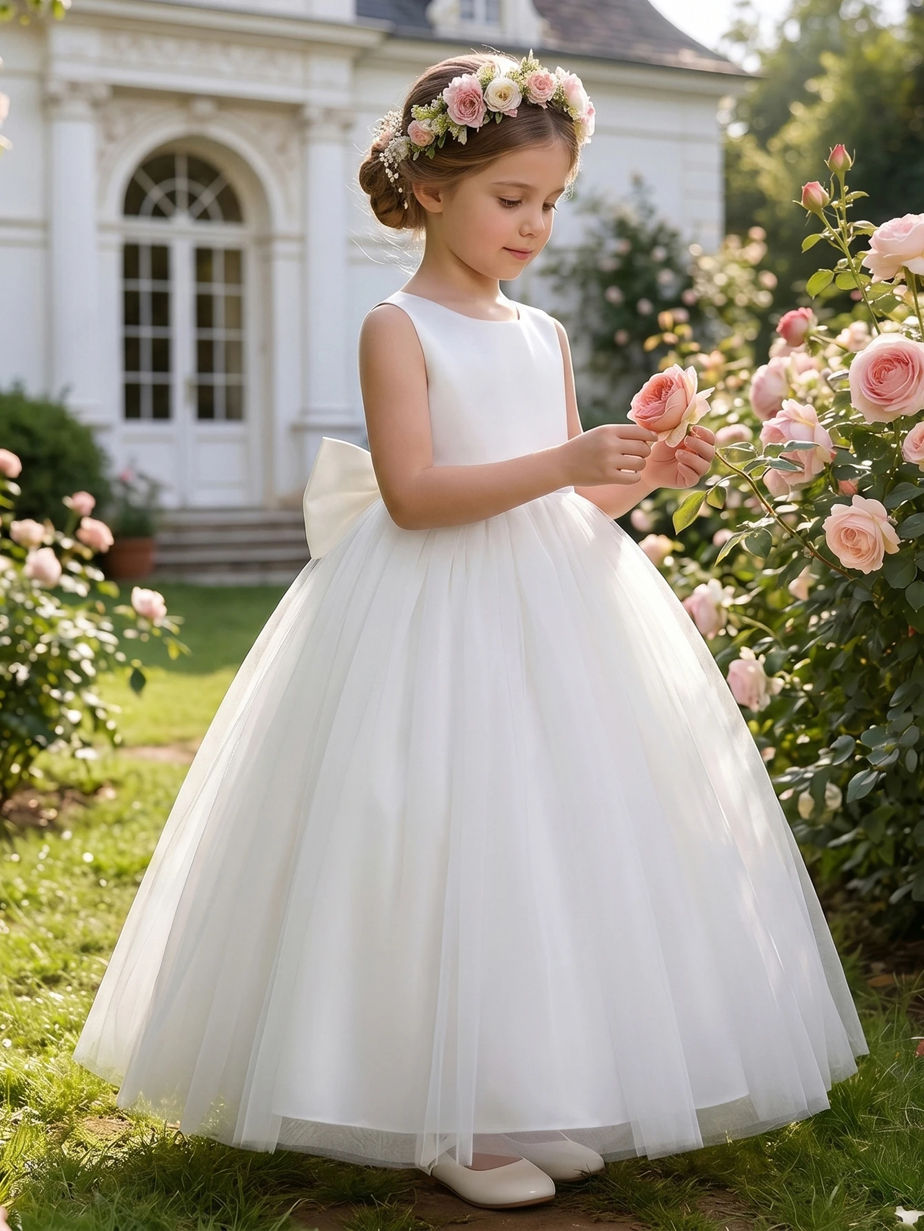 White Evening Dress With Large Bow, Party Dresses For Girls, Fluffy Netted Dresses, Children Princess Prom Pageant Ball Gown