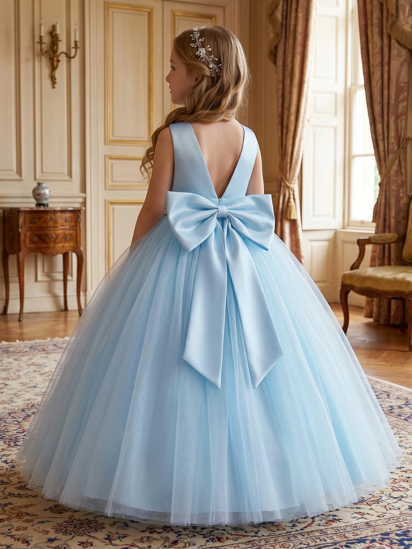 White Evening Dress With Large Bow, Party Dresses For Girls, Fluffy Netted Dresses, Children Princess Prom Pageant Ball Gown