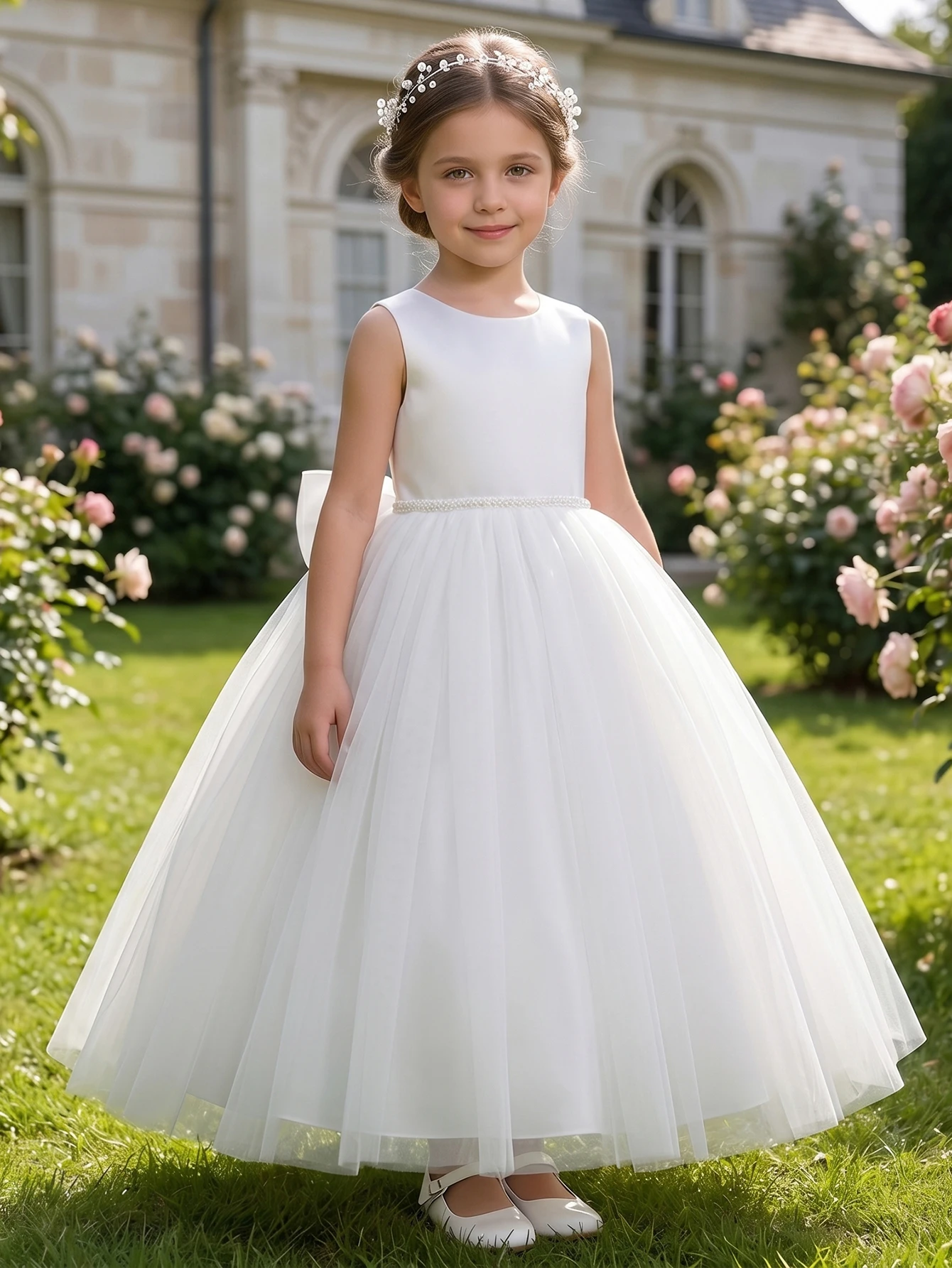 White Evening Dress With Large Bow, Party Dresses For Girls, Fluffy Netted Dresses, Children Princess Prom Pageant Ball Gown