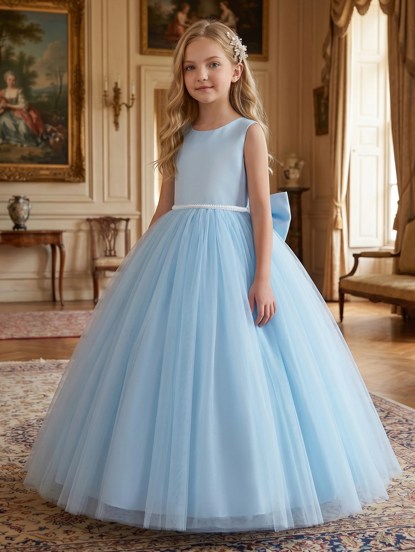 White Evening Dress With Large Bow, Party Dresses For Girls, Fluffy Netted Dresses, Children Princess Prom Pageant Ball Gown