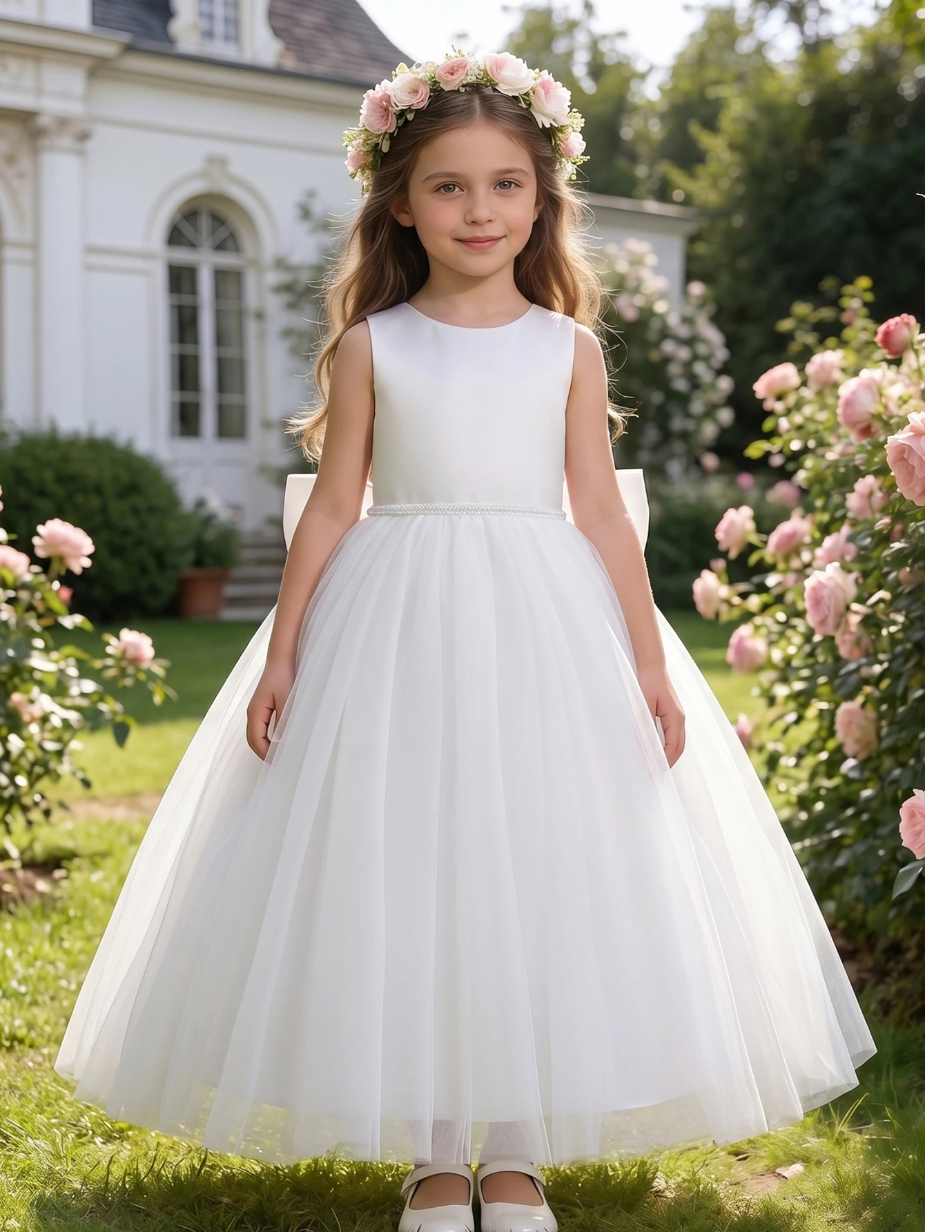 White Evening Dress With Large Bow, Party Dresses For Girls, Fluffy Netted Dresses, Children Princess Prom Pageant Ball Gown