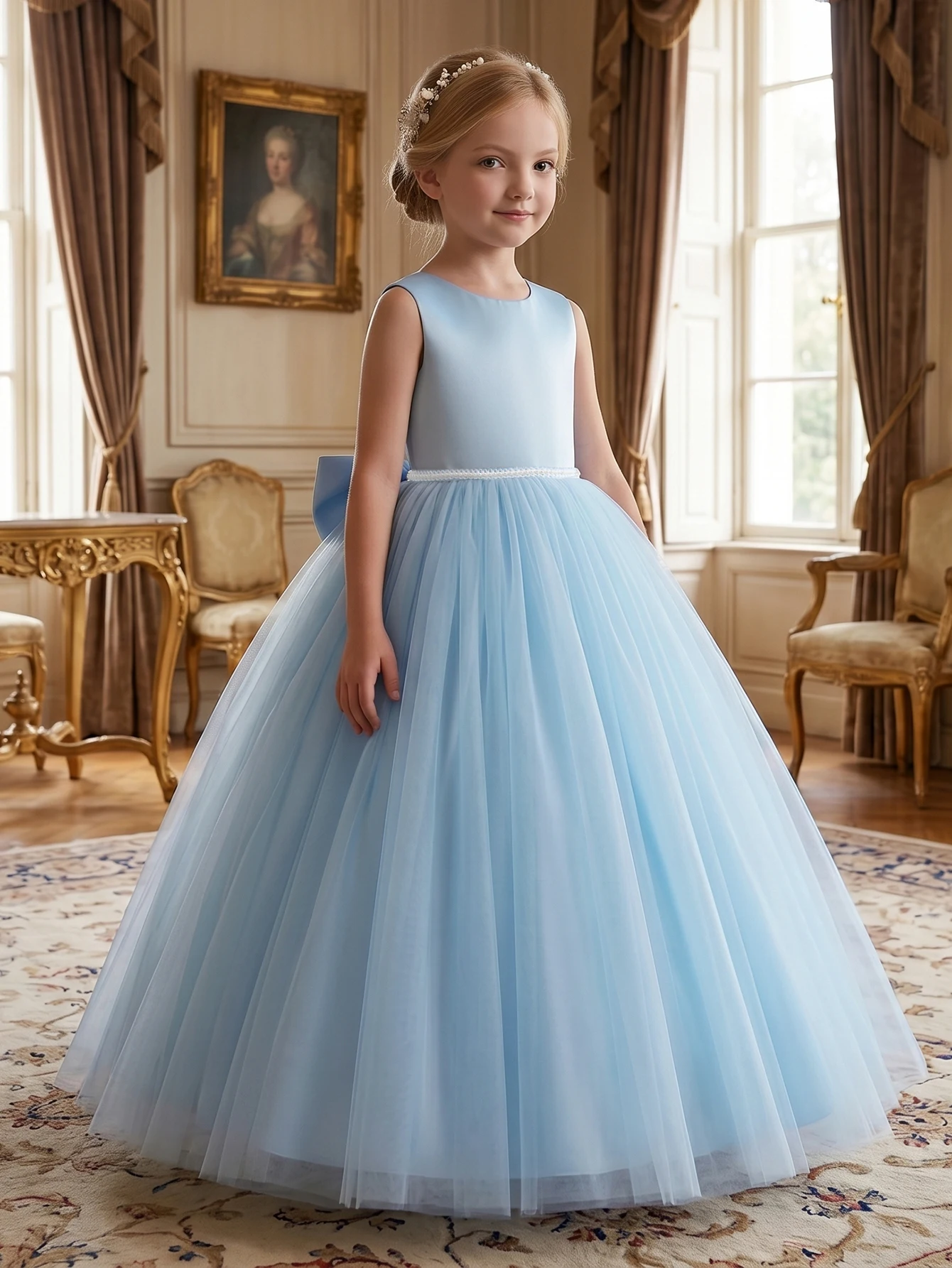 White Evening Dress With Large Bow, Party Dresses For Girls, Fluffy Netted Dresses, Children Princess Prom Pageant Ball Gown