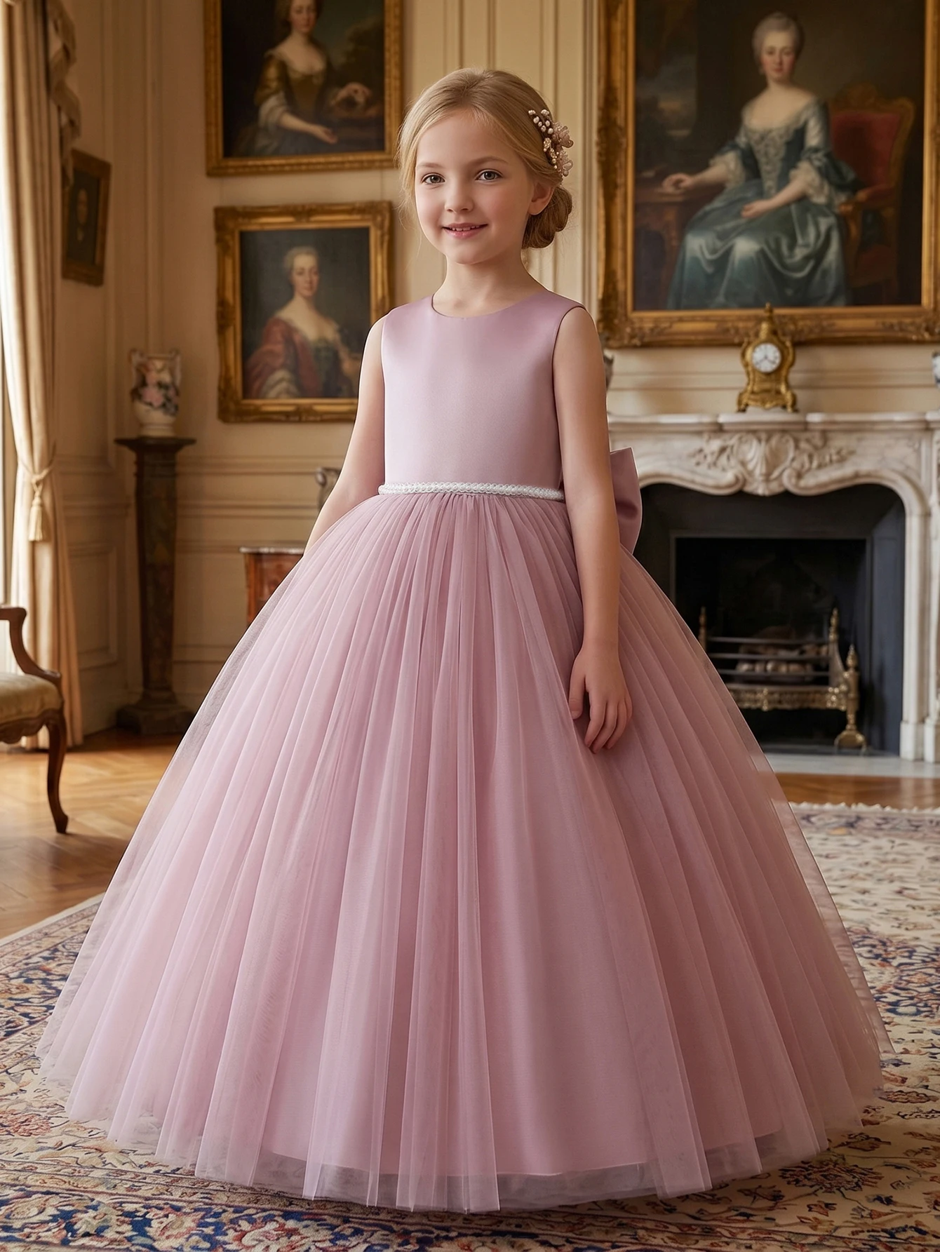 White Evening Dress With Large Bow, Party Dresses For Girls, Fluffy Netted Dresses, Children Princess Prom Pageant Ball Gown