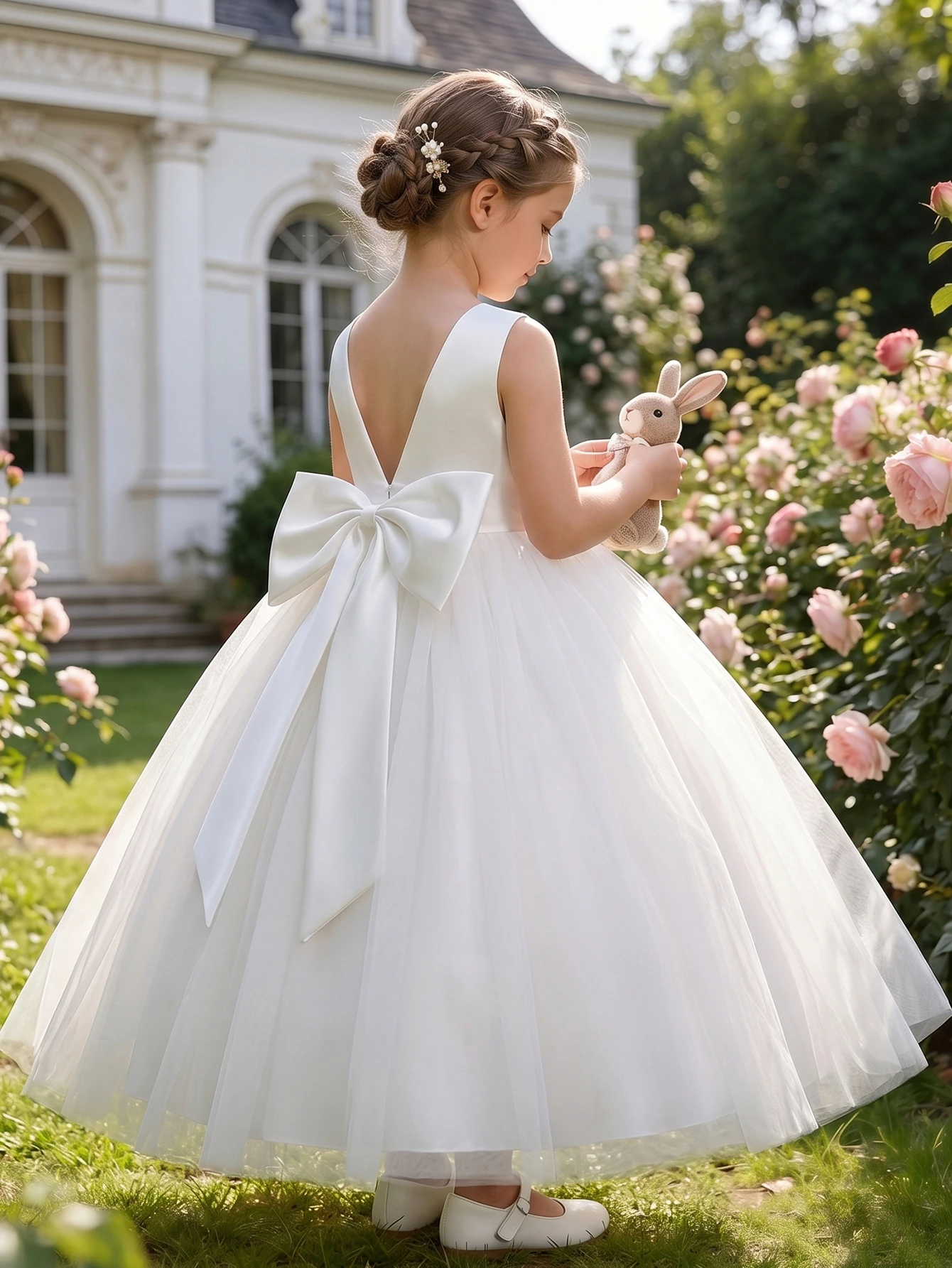 White Evening Dress With Large Bow, Party Dresses For Girls, Fluffy Netted Dresses, Children Princess Prom Pageant Ball Gown