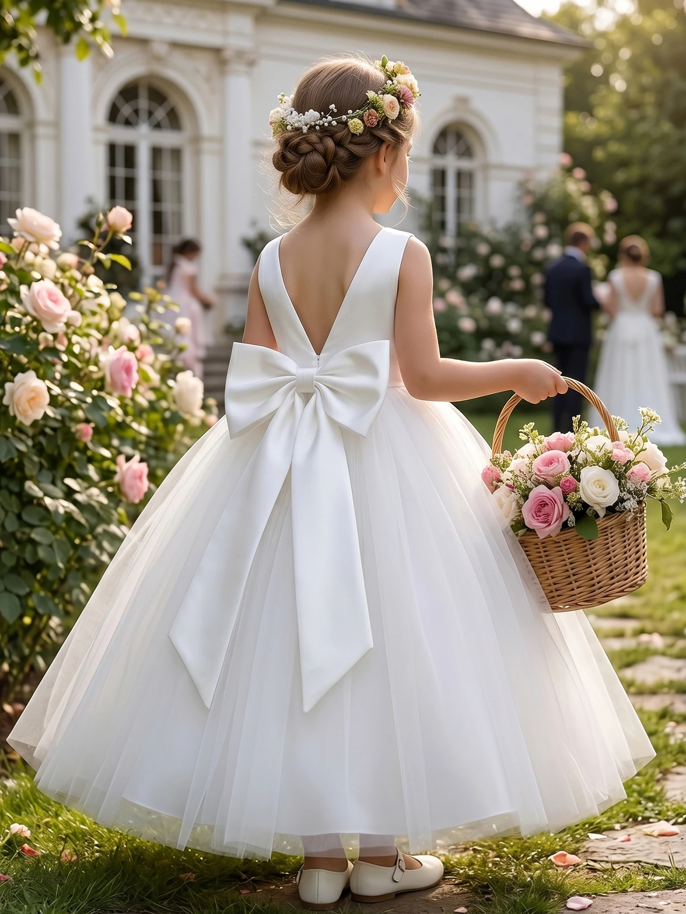 White Evening Dress With Large Bow, Party Dresses For Girls, Fluffy Netted Dresses, Children Princess Prom Pageant Ball Gown