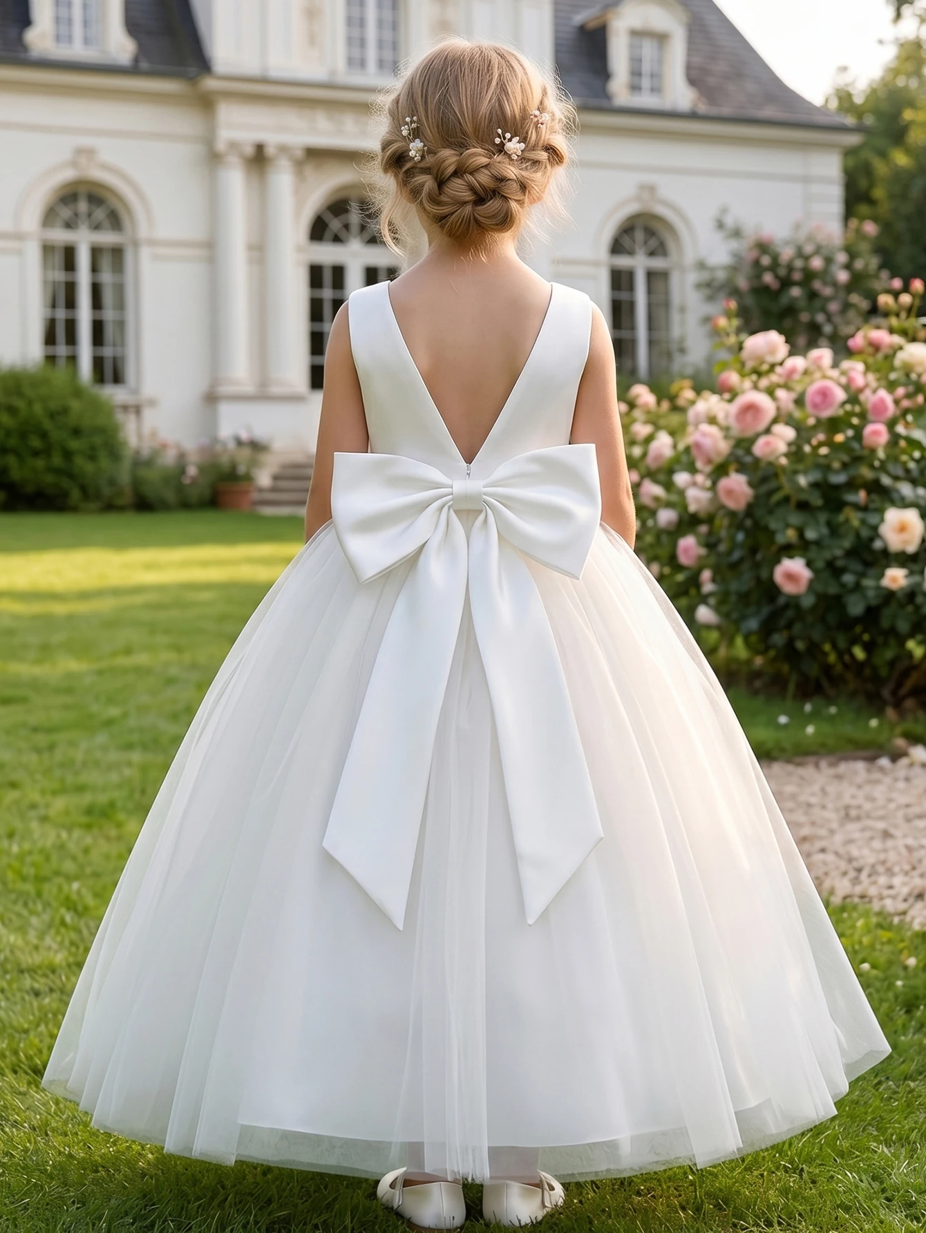White Evening Dress With Large Bow, Party Dresses For Girls, Fluffy Netted Dresses, Children Princess Prom Pageant Ball Gown