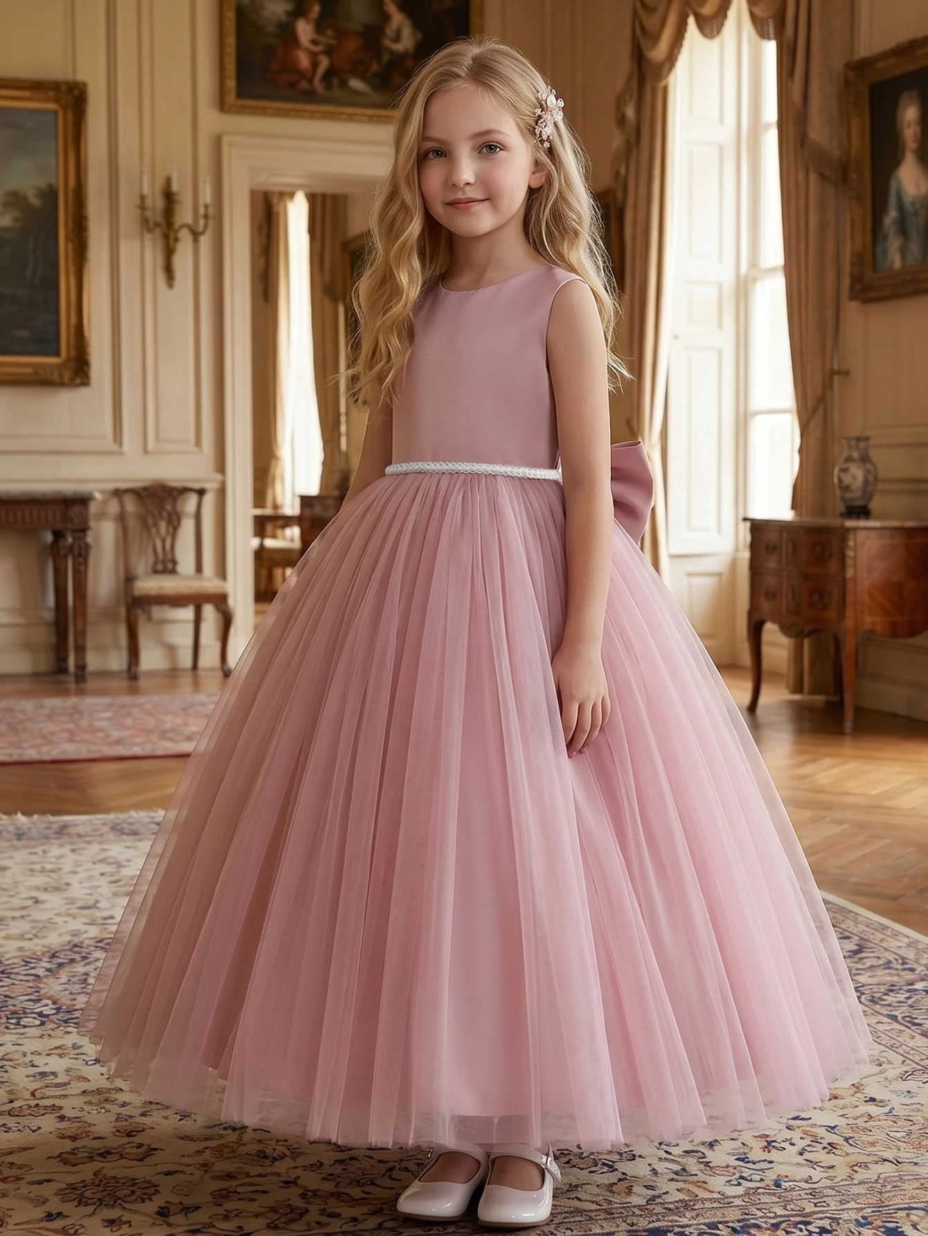 White Evening Dress With Large Bow, Party Dresses For Girls, Fluffy Netted Dresses, Children Princess Prom Pageant Ball Gown