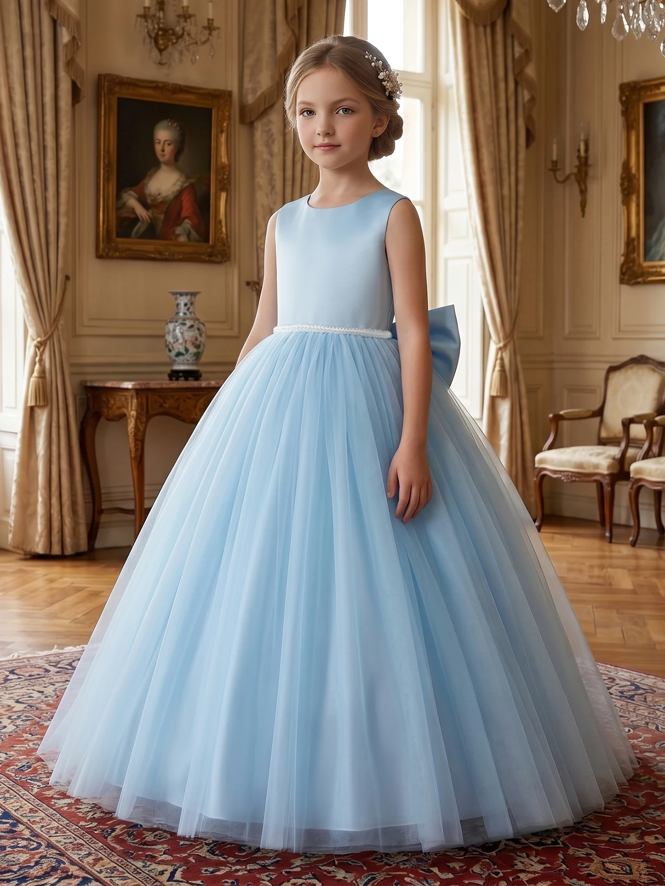White Evening Dress With Large Bow, Party Dresses For Girls, Fluffy Netted Dresses, Children Princess Prom Pageant Ball Gown