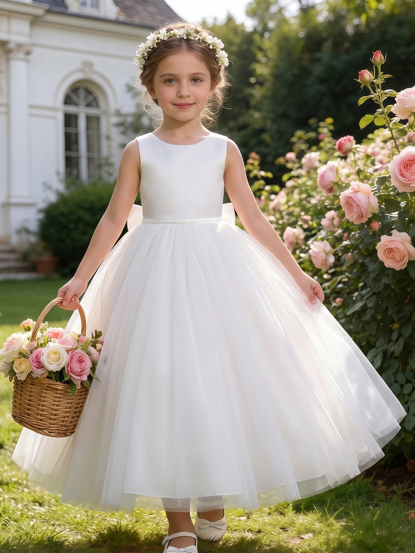 White Evening Dress With Large Bow, Party Dresses For Girls, Fluffy Netted Dresses, Children Princess Prom Pageant Ball Gown