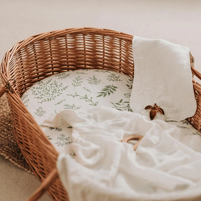 Muslin Bassinet Sheets for Baby Girl Boy Soft Breathable Bassinet Sheets Fitted Fit for Hourglass Oval Cradle Moses Basket