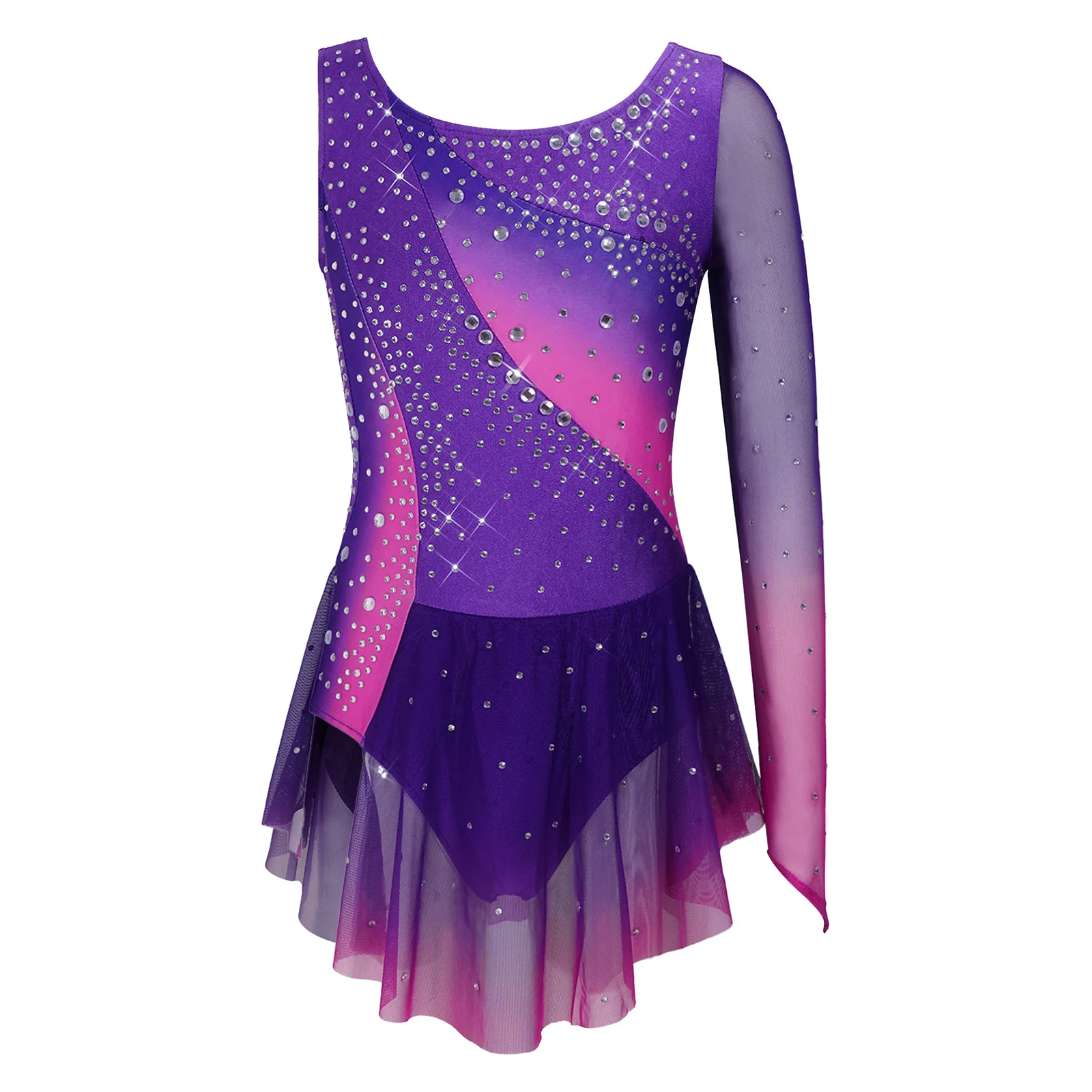 Kids Girls Figure Skating Rhythmic Gymnastics Costume Lyrical Dance Dress Shiny Rhinestone Sheer Mesh Split Dress Ballet Leotard