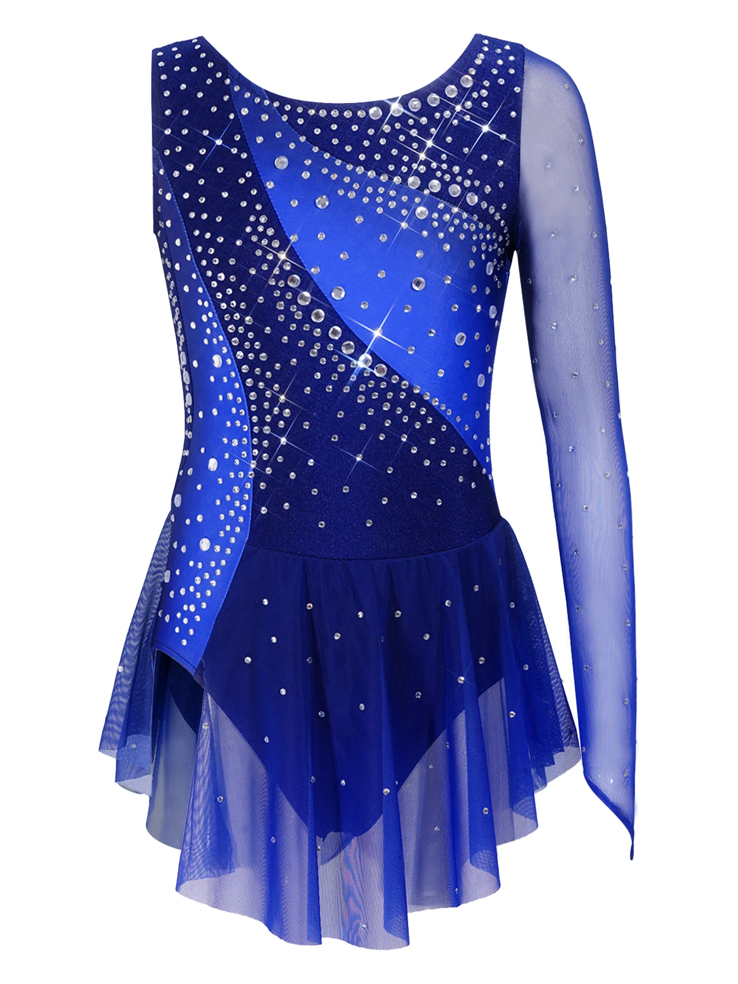 Kids Girls Figure Skating Rhythmic Gymnastics Costume Lyrical Dance Dress Shiny Rhinestone Sheer Mesh Split Dress Ballet Leotard