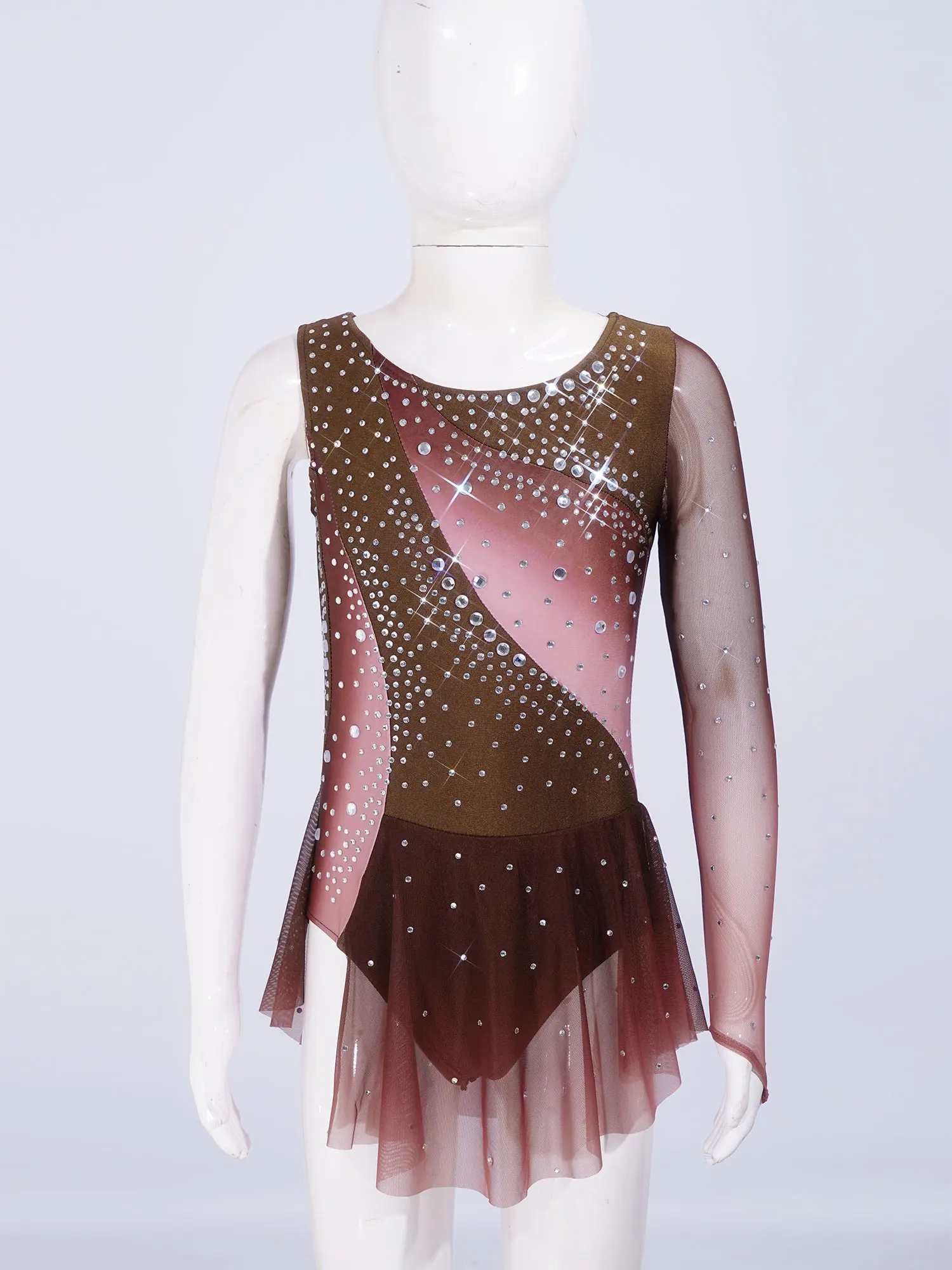 Kids Girls Figure Skating Rhythmic Gymnastics Costume Lyrical Dance Dress Shiny Rhinestone Sheer Mesh Split Dress Ballet Leotard