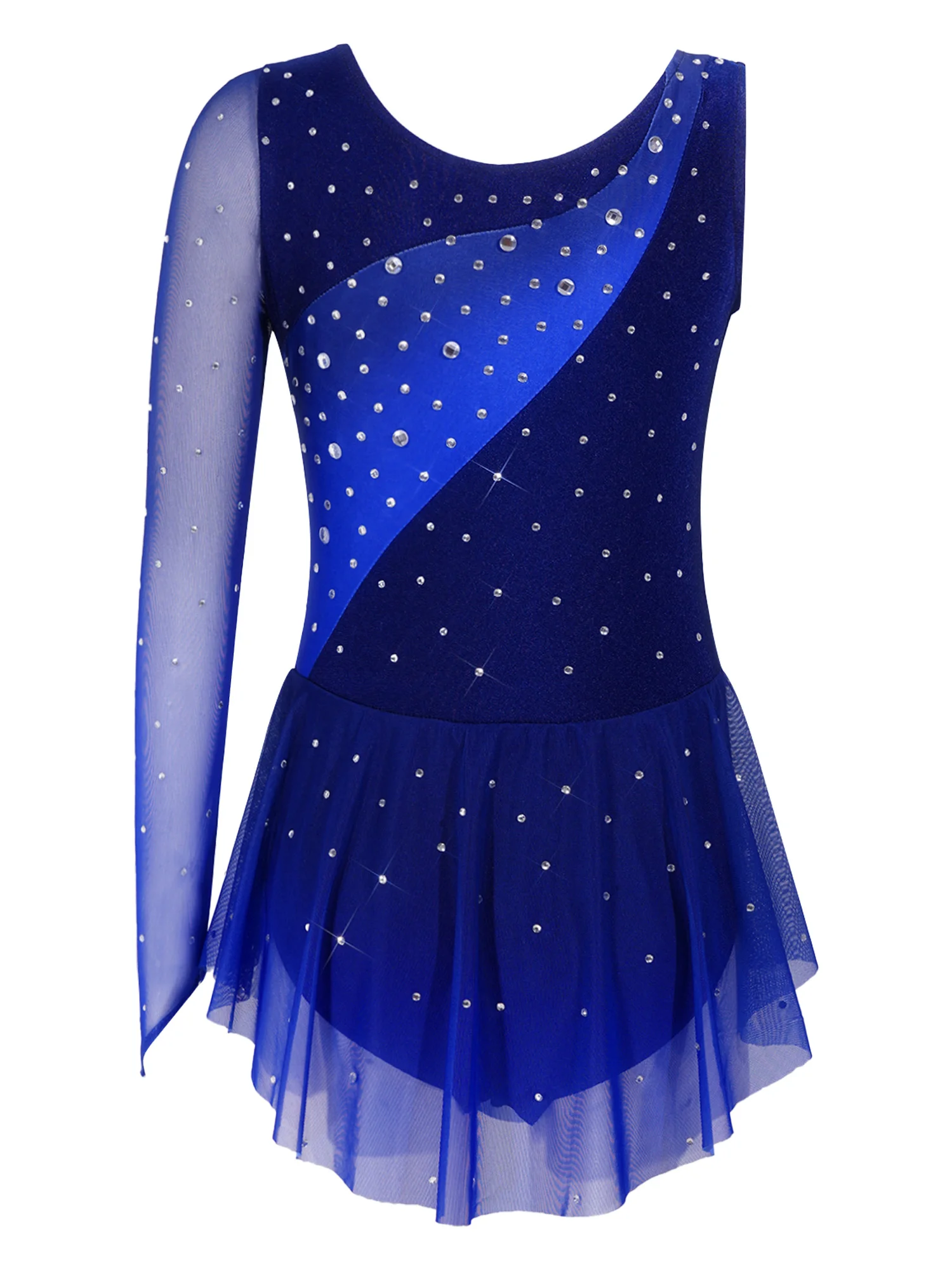 Kids Girls Figure Skating Rhythmic Gymnastics Costume Lyrical Dance Dress Shiny Rhinestone Sheer Mesh Split Dress Ballet Leotard