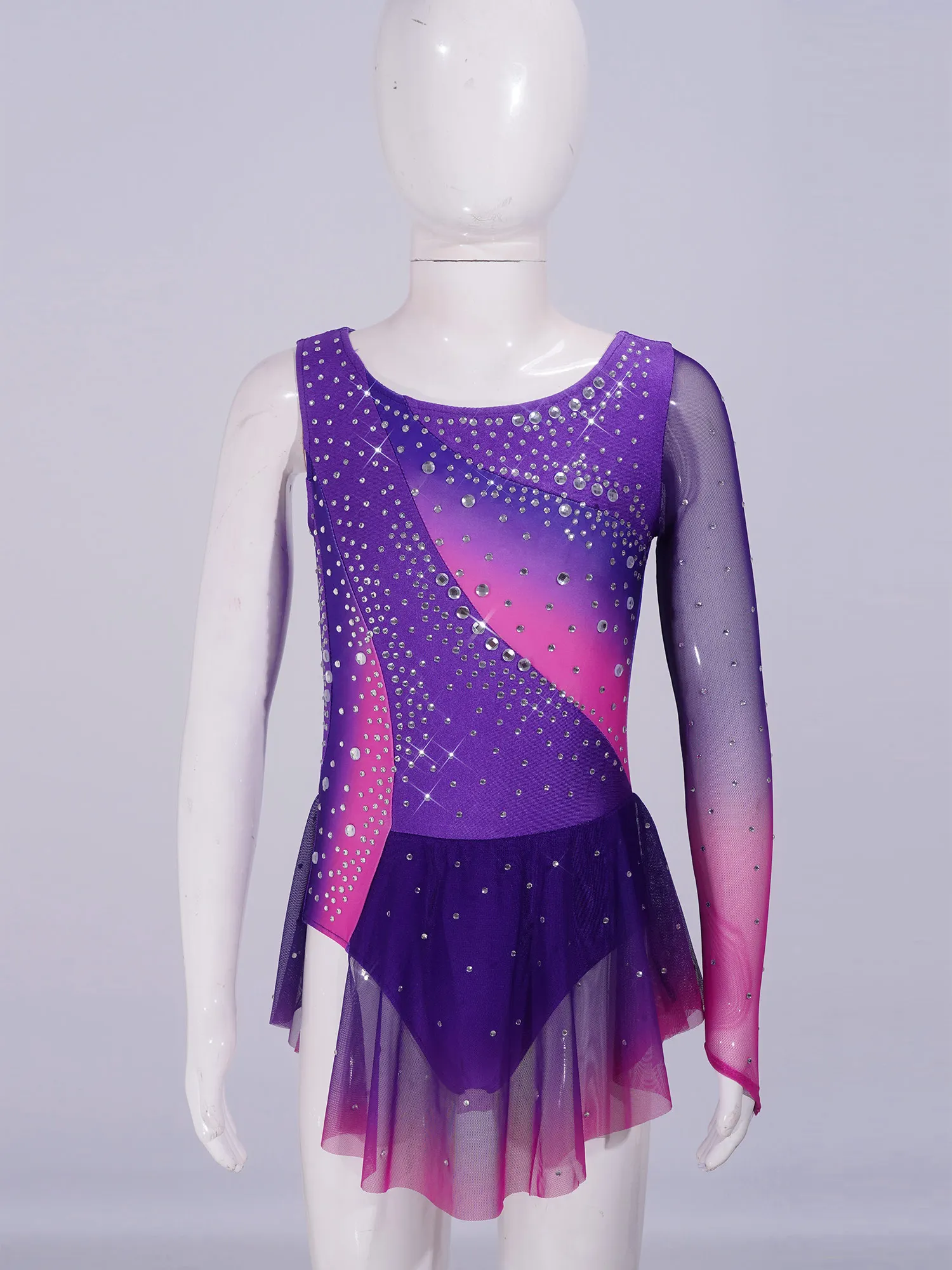 Kids Girls Figure Skating Rhythmic Gymnastics Costume Lyrical Dance Dress Shiny Rhinestone Sheer Mesh Split Dress Ballet Leotard