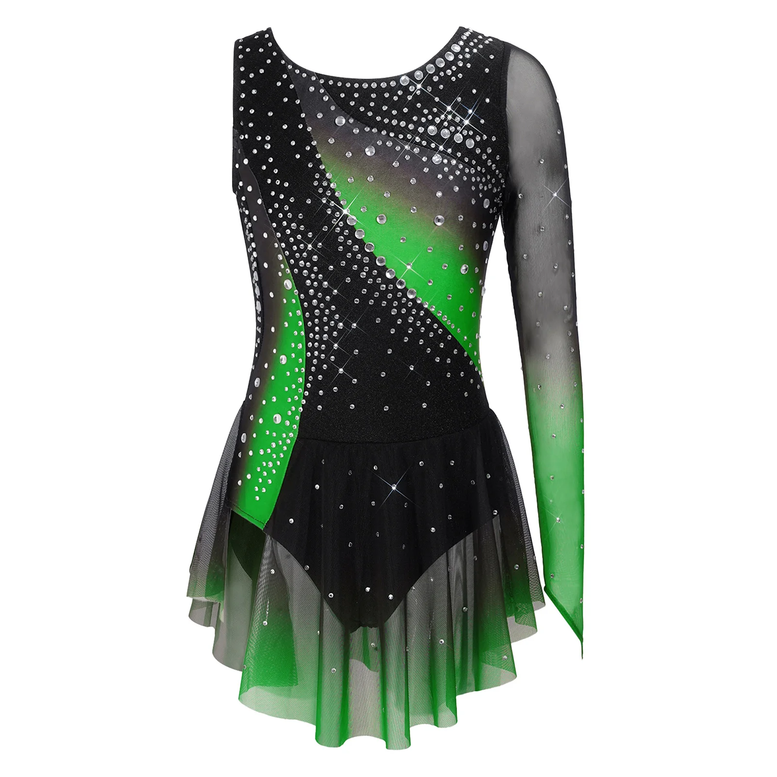 Kids Girls Figure Skating Rhythmic Gymnastics Costume Lyrical Dance Dress Shiny Rhinestone Sheer Mesh Split Dress Ballet Leotard