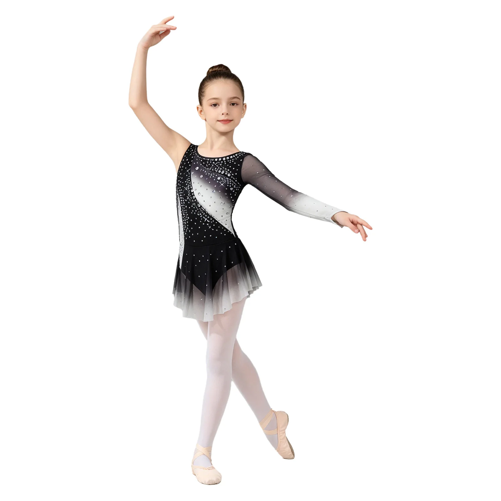 Kids Girls Figure Skating Rhythmic Gymnastics Costume Lyrical Dance Dress Shiny Rhinestone Sheer Mesh Split Dress Ballet Leotard