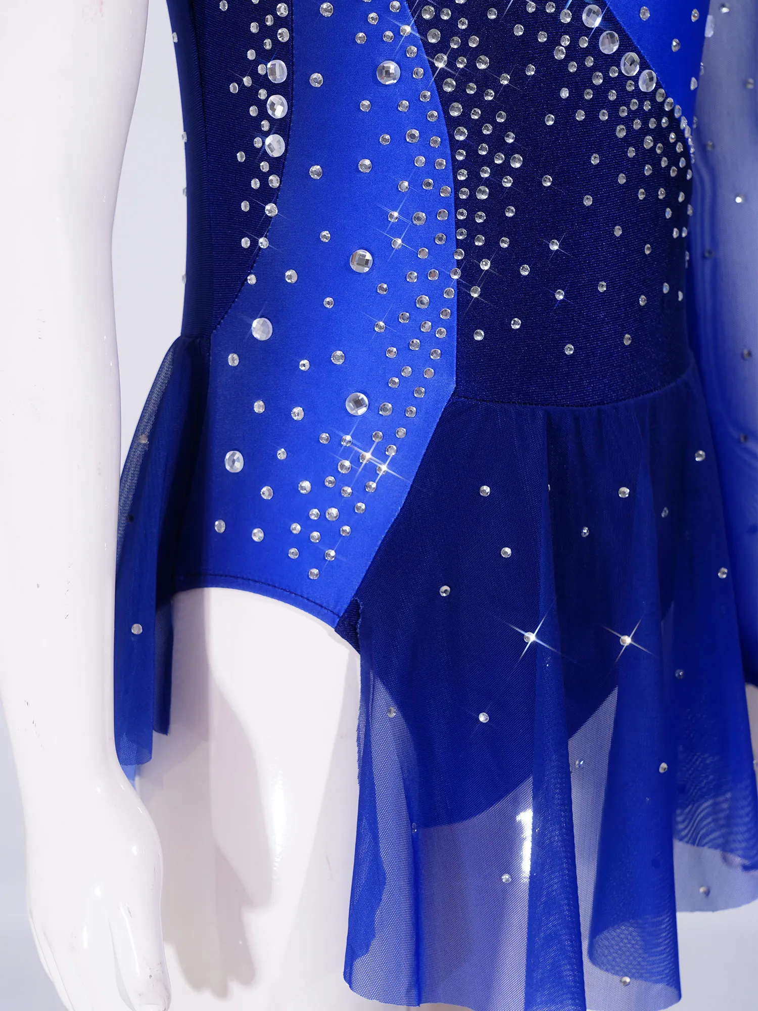 Kids Girls Figure Skating Rhythmic Gymnastics Costume Lyrical Dance Dress Shiny Rhinestone Sheer Mesh Split Dress Ballet Leotard