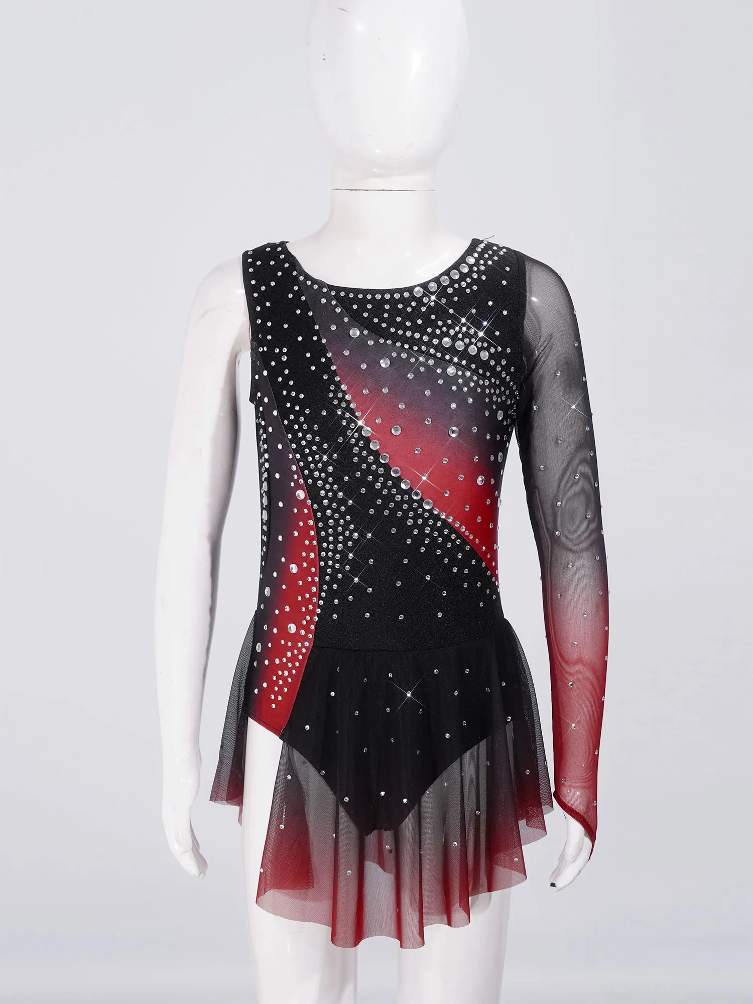 Kids Girls Figure Skating Rhythmic Gymnastics Costume Lyrical Dance Dress Shiny Rhinestone Sheer Mesh Split Dress Ballet Leotard