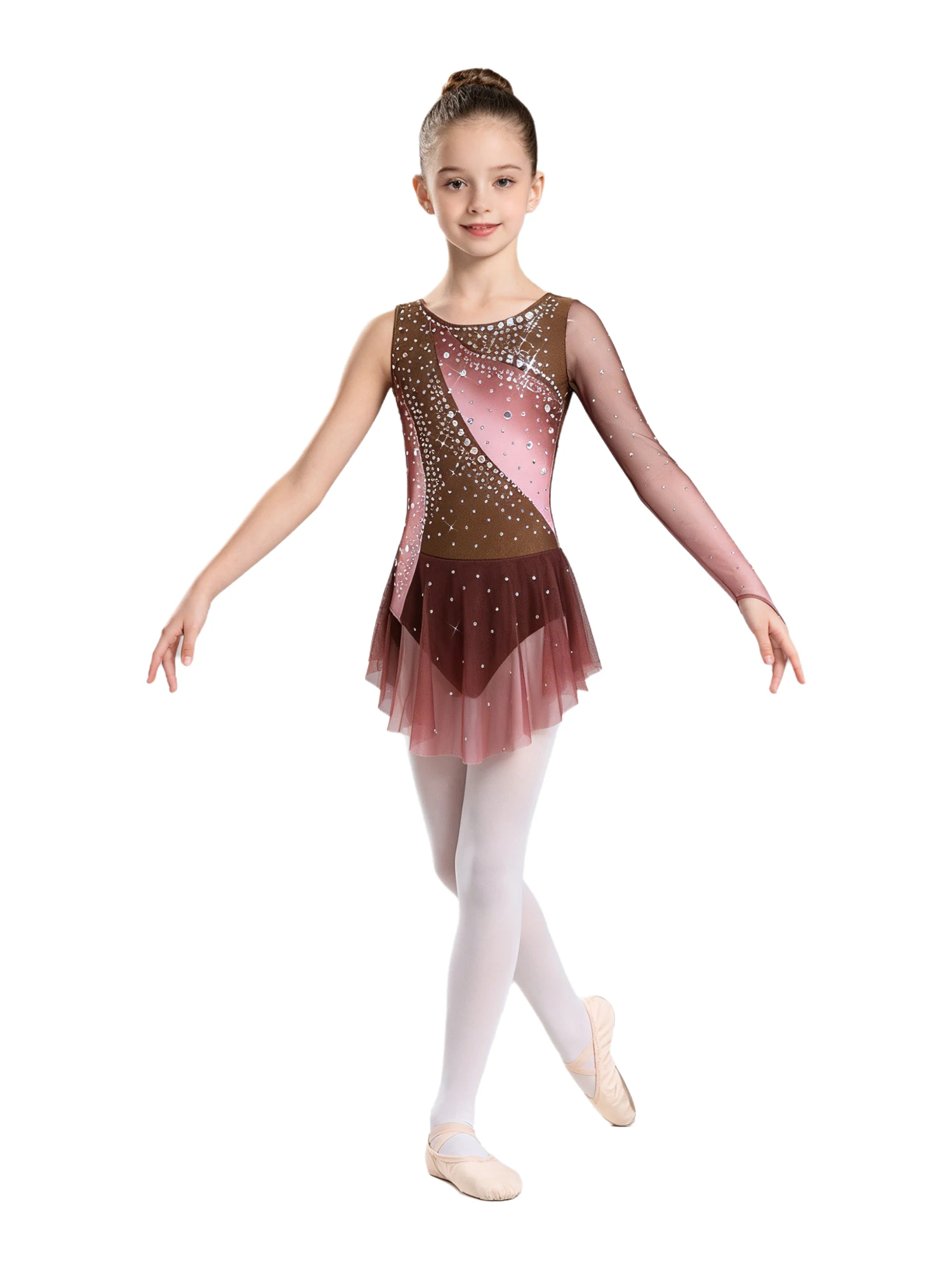 Kids Girls Figure Skating Rhythmic Gymnastics Costume Lyrical Dance Dress Shiny Rhinestone Sheer Mesh Split Dress Ballet Leotard