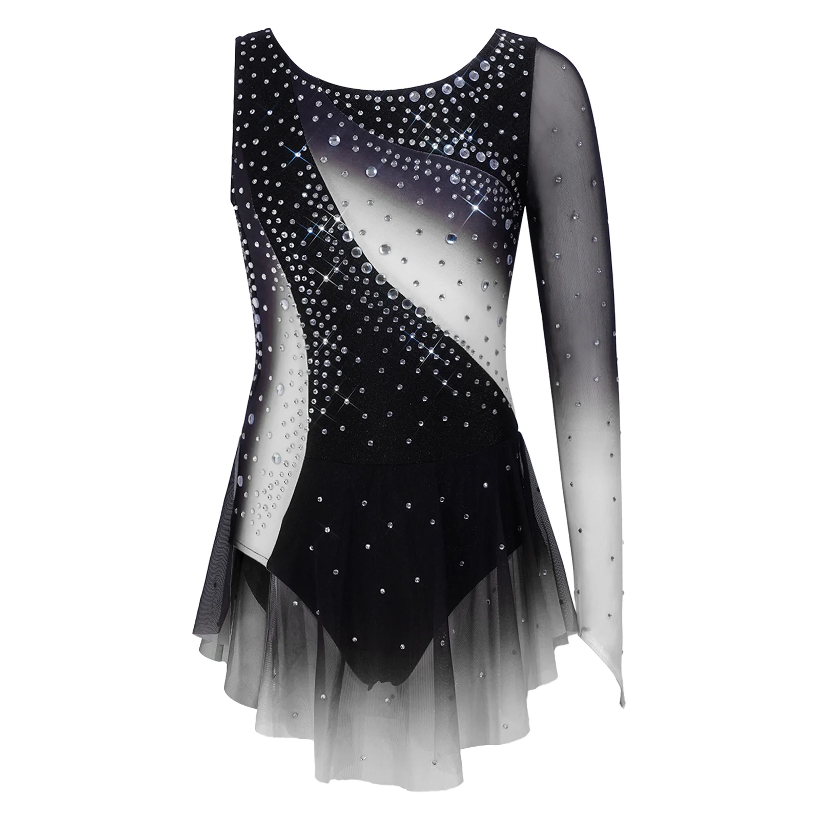 Kids Girls Figure Skating Rhythmic Gymnastics Costume Lyrical Dance Dress Shiny Rhinestone Sheer Mesh Split Dress Ballet Leotard