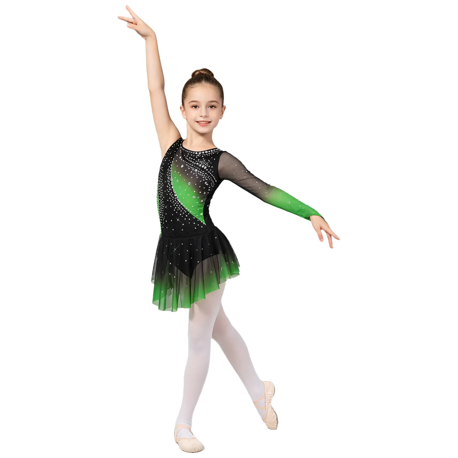 Kids Girls Figure Skating Rhythmic Gymnastics Costume Lyrical Dance Dress Shiny Rhinestone Sheer Mesh Split Dress Ballet Leotard